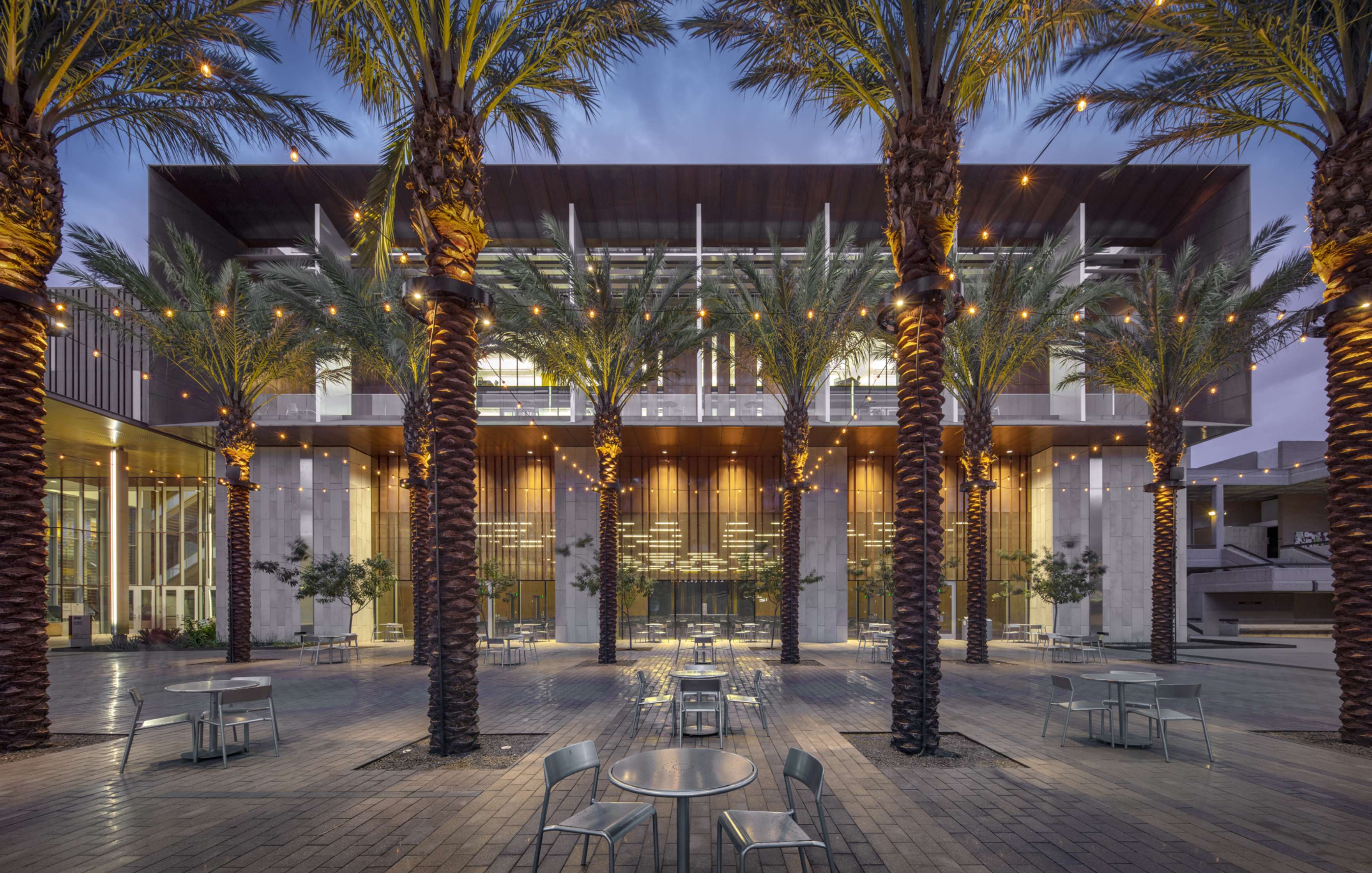 Outdoor area with tables and chairs surrounded by palm trees. A large modern building with extensive glass windows and lights stands in the background.