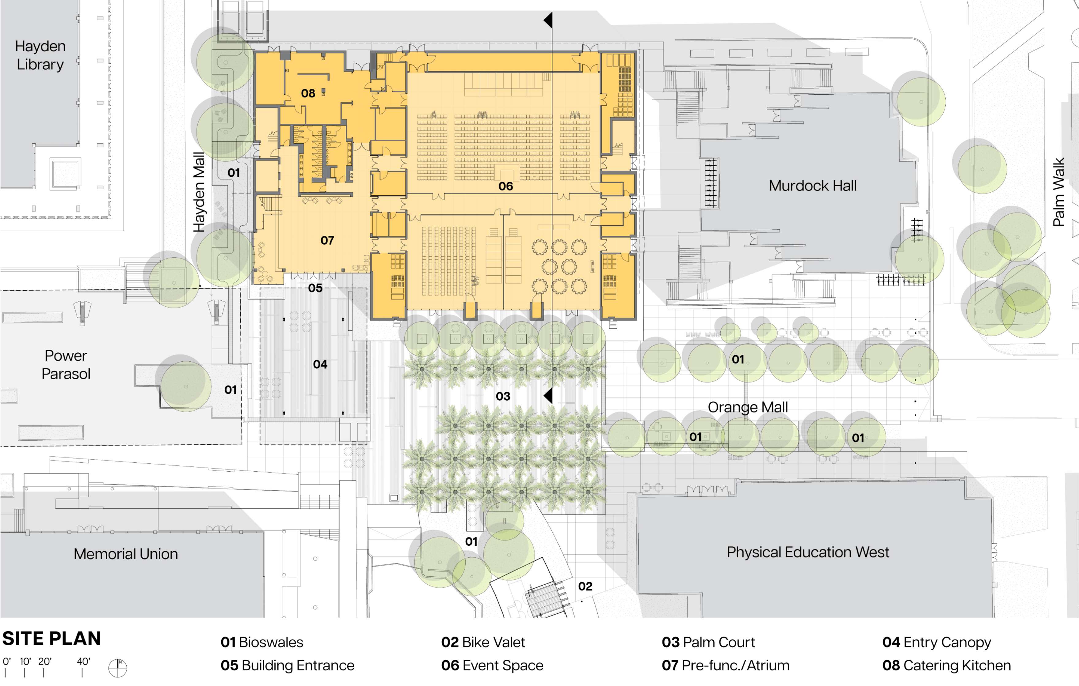 A site plan showing a university building layout with labeled areas for bike valet, event space, pre-function/atrium, entry canopy, catering kitchen, and several surrounding buildings and courtyards.