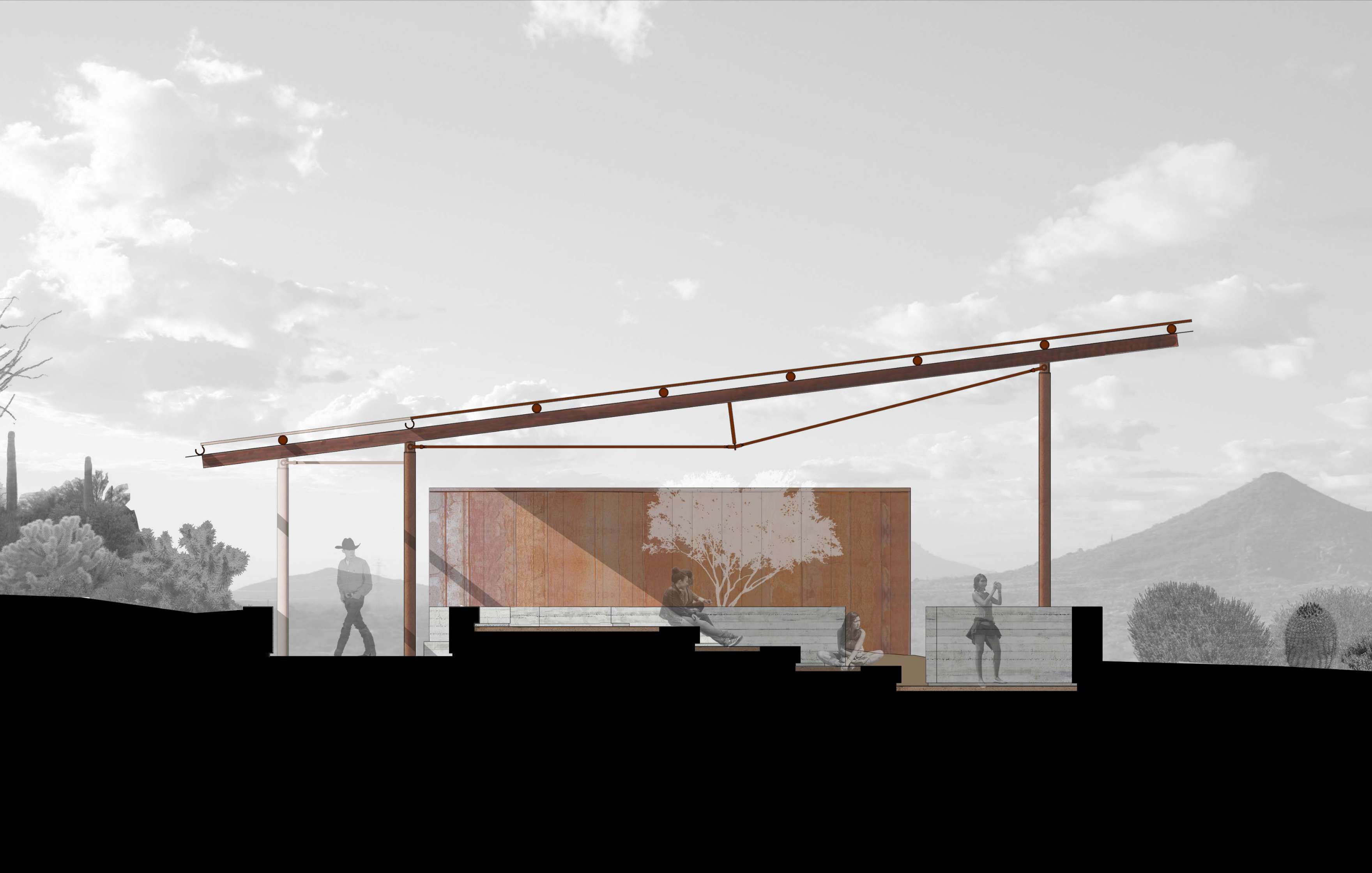 Architectural illustration of a modern building with a slanted roof. The structure features a minimalist design with a large tree graphic on an interior wall and silhouettes of people scattered around.