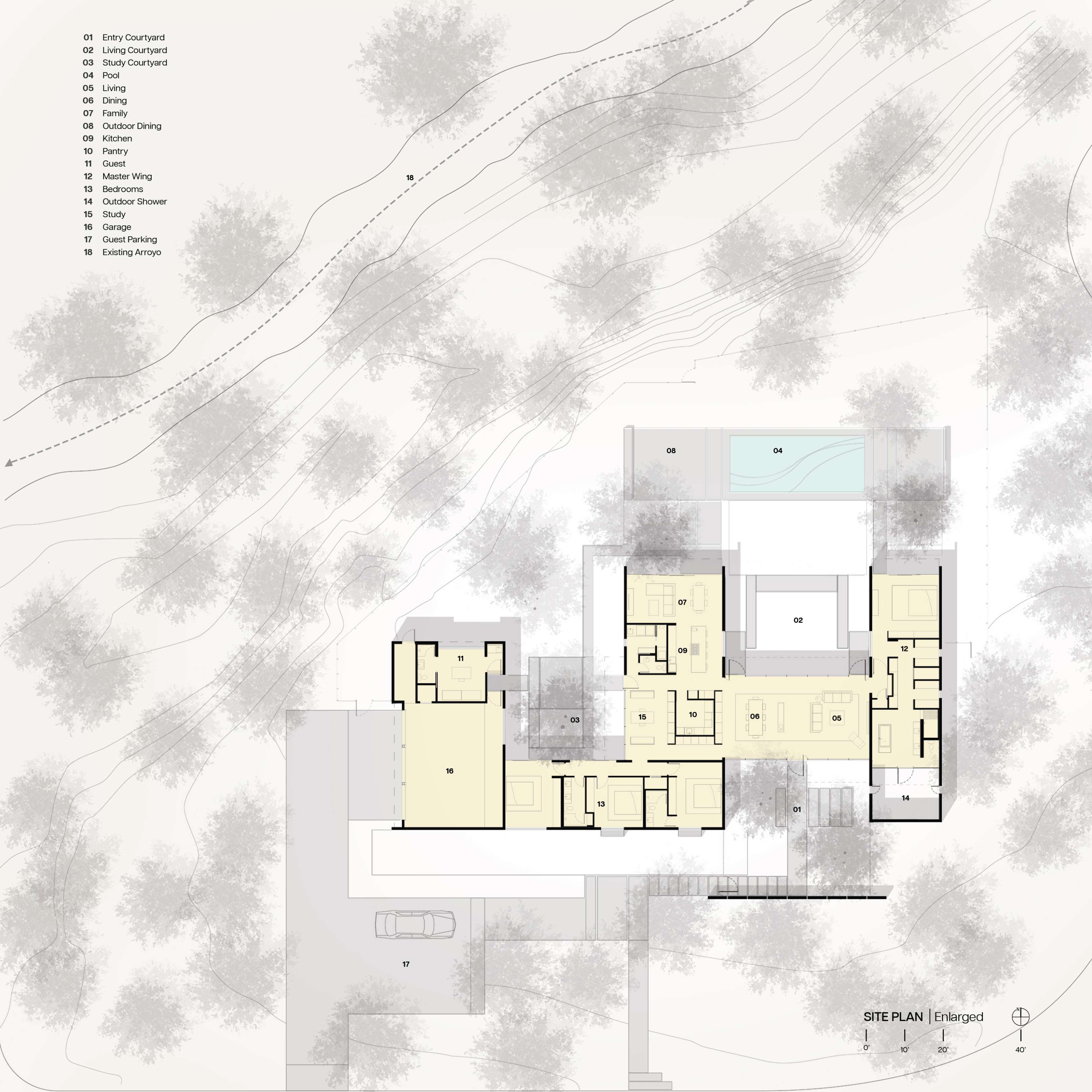 Architectural site plan illustrating a house layout with labeled rooms, exterior areas, and surrounding landscape. A legend indicates various features and zones.