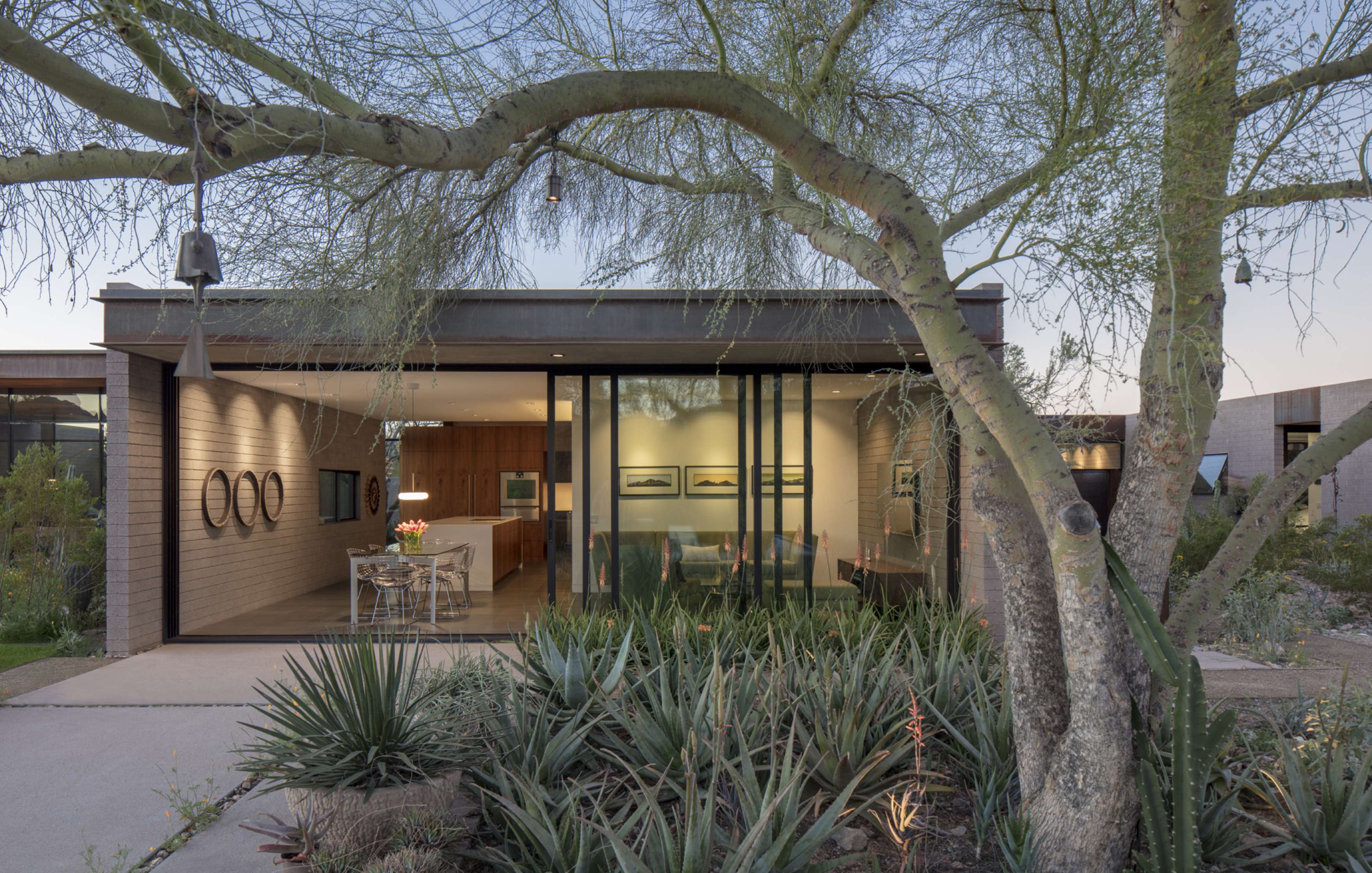 A modern one-story house with large glass doors and a minimalistic garden with succulents and a tree in the foreground. The interior features a dining table and kitchen visible through the glass.