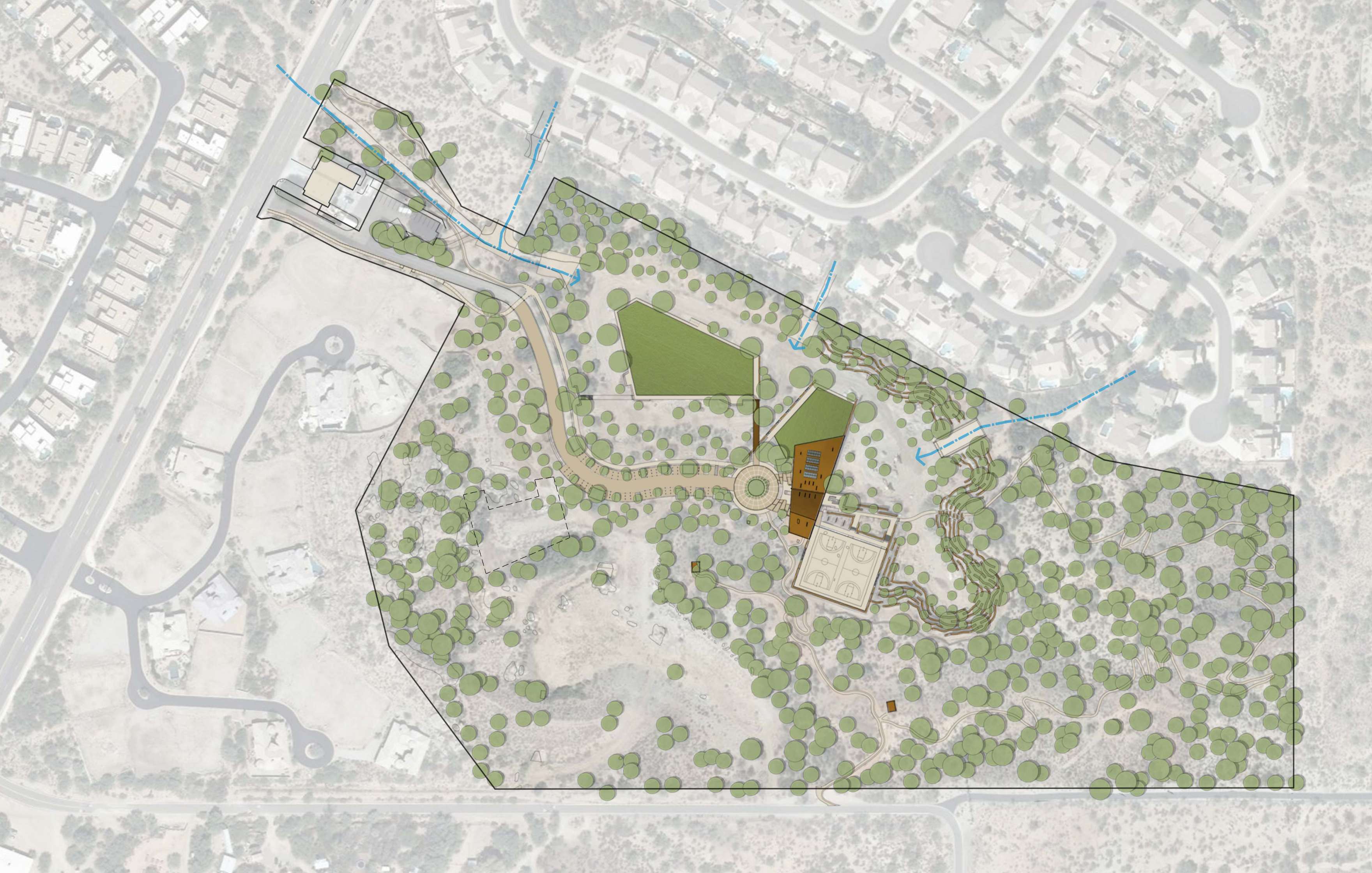 Aerial view of a landscape design plan showing various green spaces, pathways, and buildings within a bounded area, surrounded by residential roads and neighborhoods.