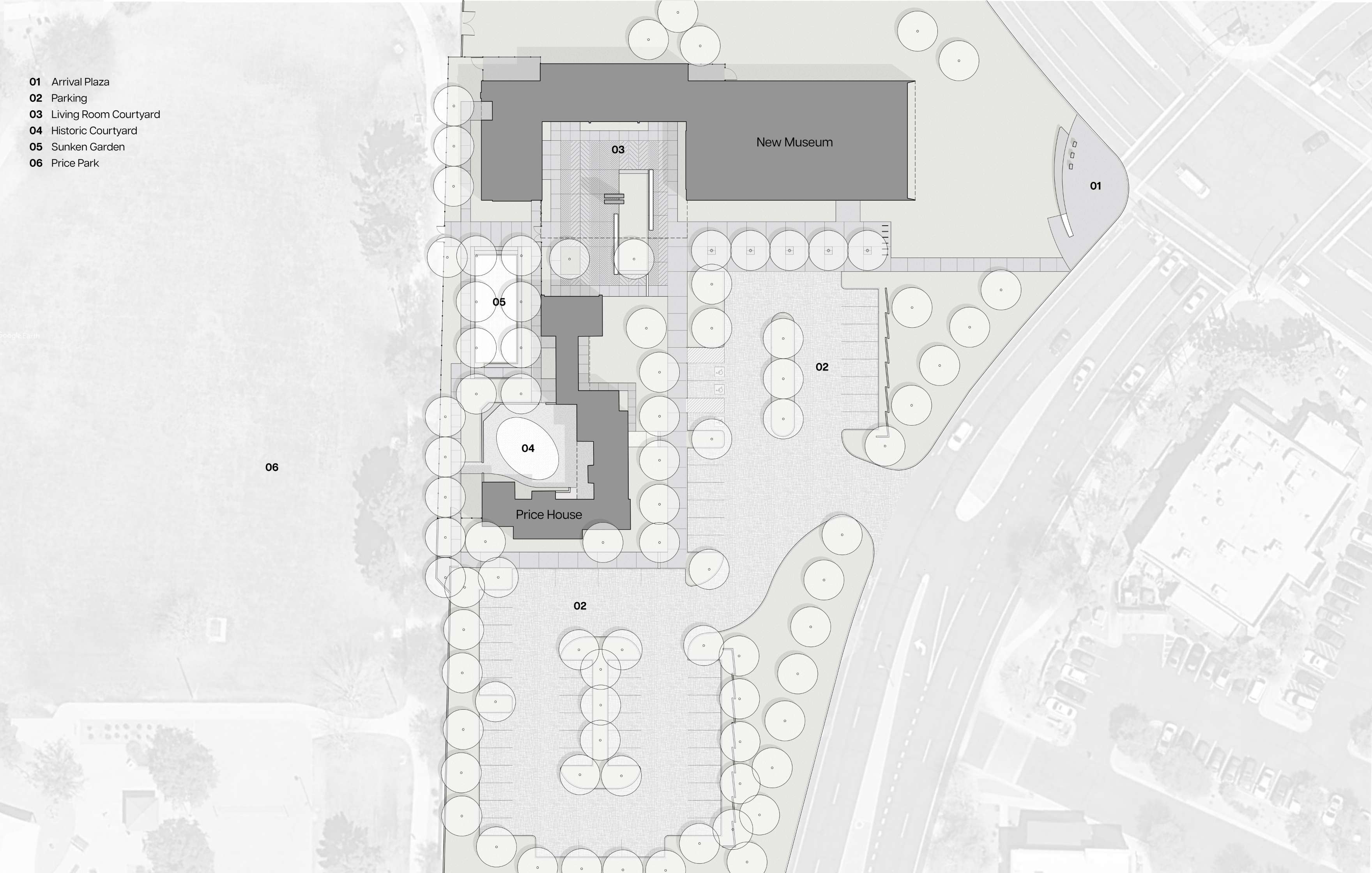 Aerial site plan showing the new museum, Price House, various courtyards, and parking areas. Surrounding elements include trees, pathways, and adjacent roadways.