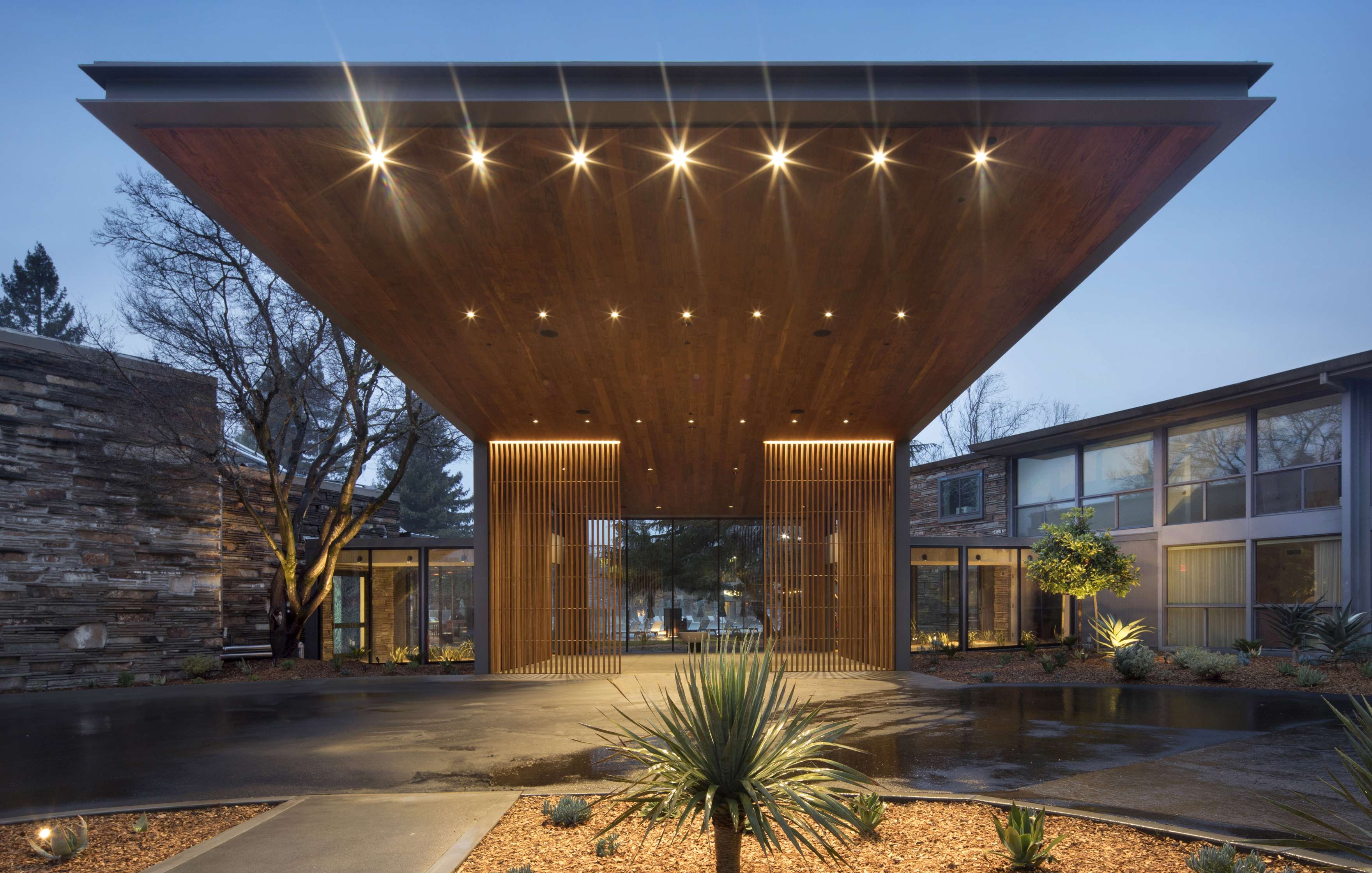 A modern building entrance with a large wooden canopy roof, illuminated by lights, surrounded by landscaping with plants and trees.