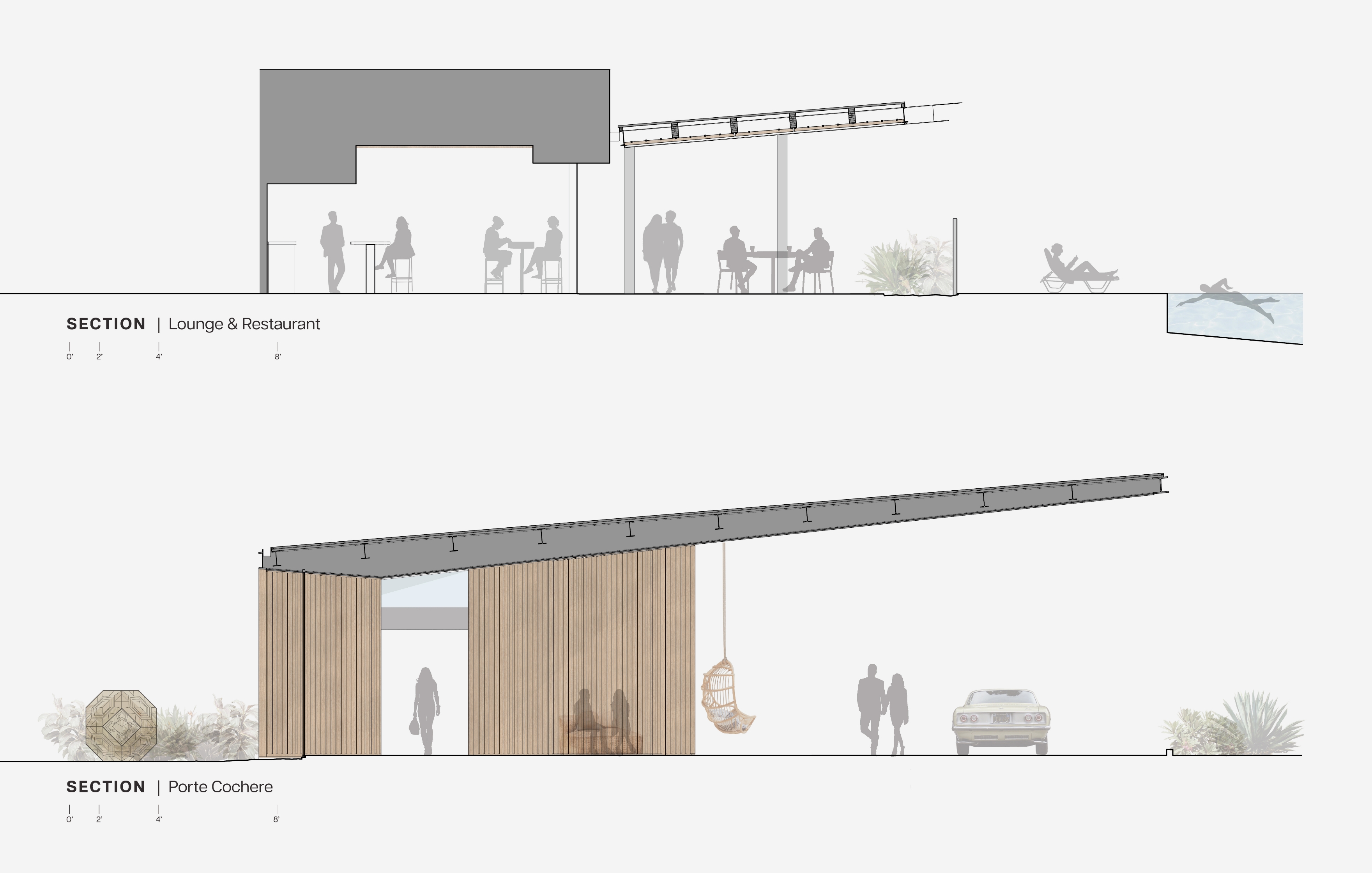 Cross-sectional architectural drawings of a lounge and restaurant area with outdoor seating on the upper section, and a porte-cochere with a slanted roof and hanging chair in the lower section.