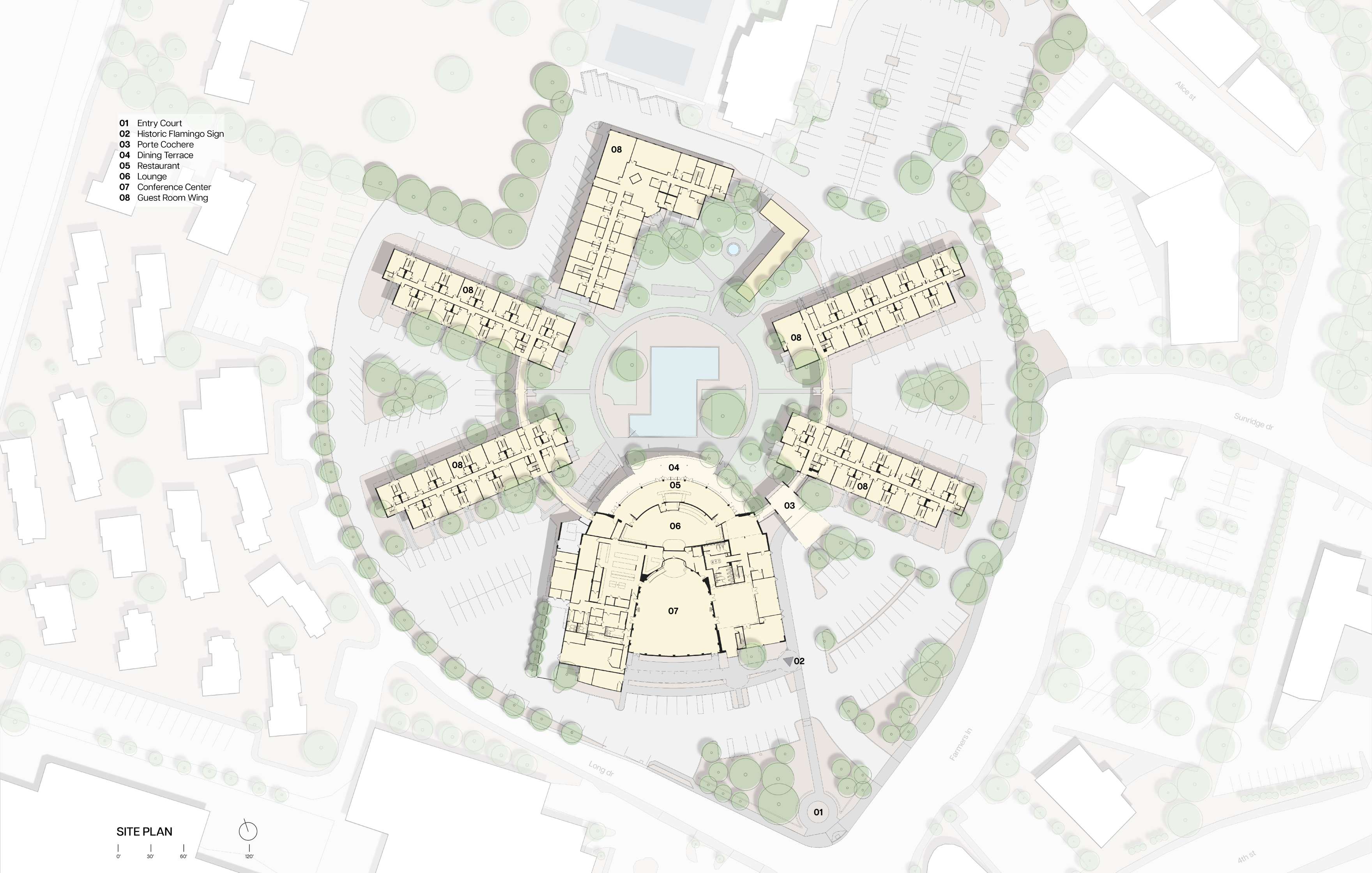 Architectural site plan depicting a complex with multiple buildings arranged around a central courtyard, labeled with numbered units and surrounded by parking areas and green spaces.