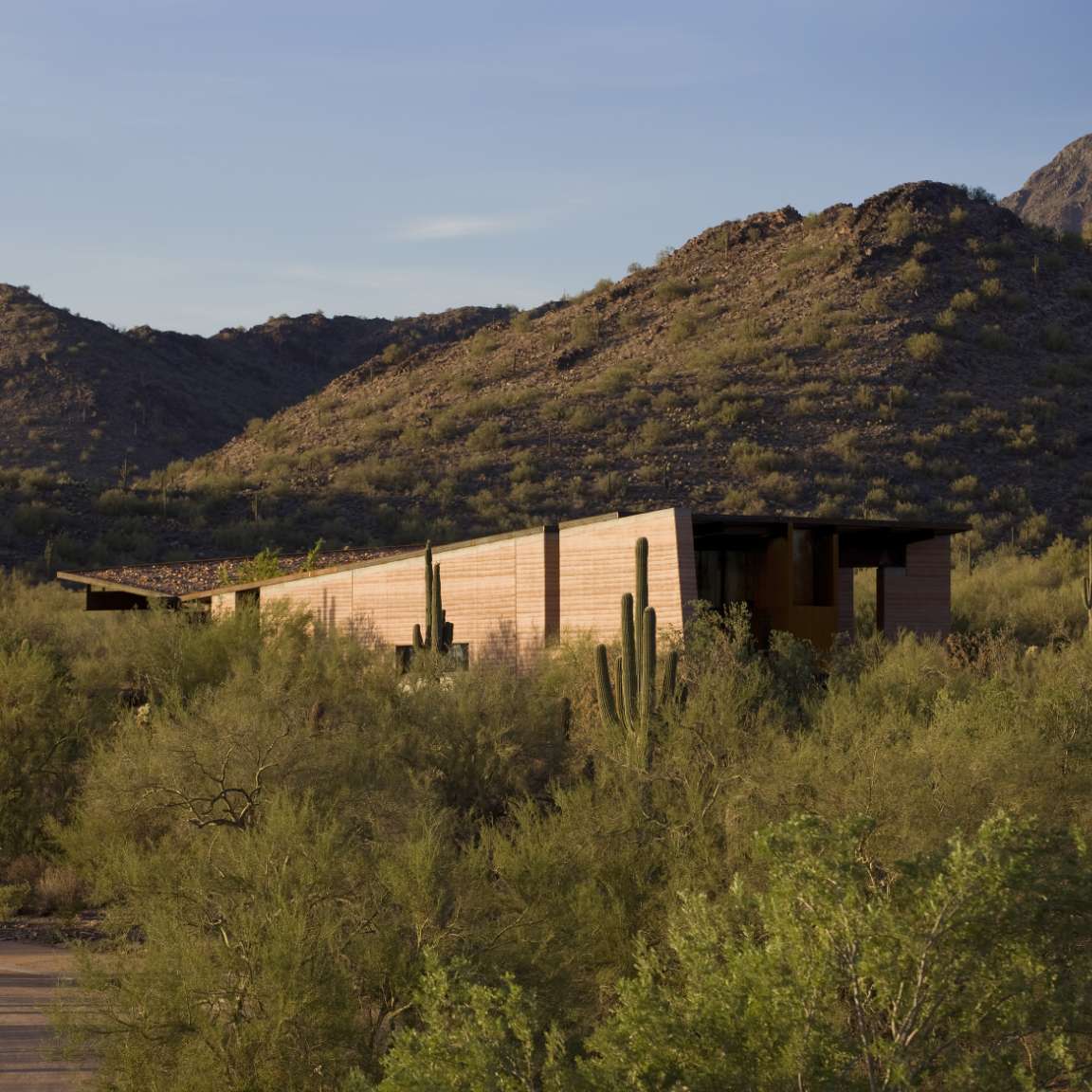 Modern, flat-roofed house with wooden exterior set against a desert landscape with mountains in the background and various desert plants in the foreground.