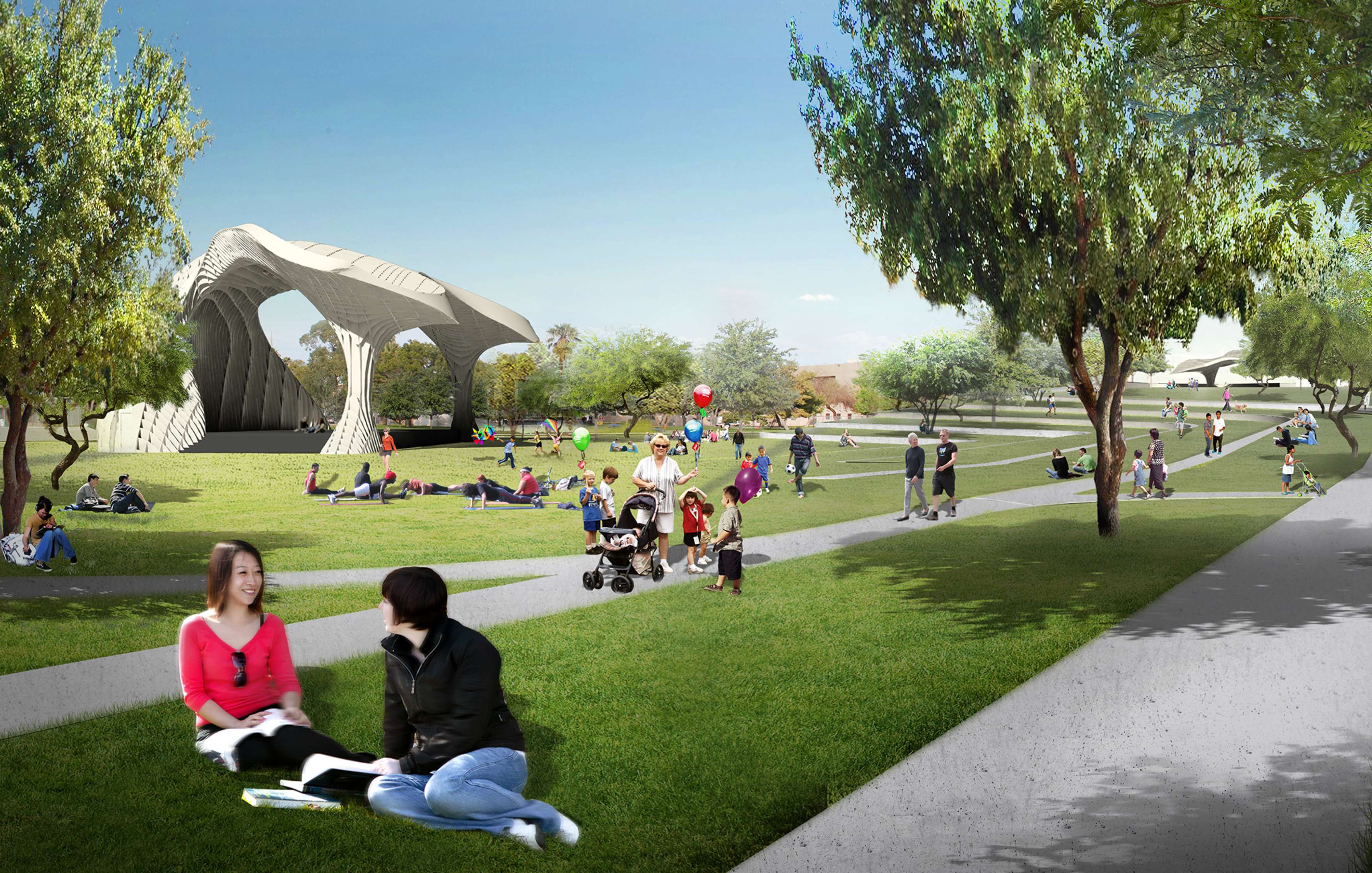 People relaxing, walking, and sitting in a spacious park with paths, modern sculptures, and trees on a sunny day.