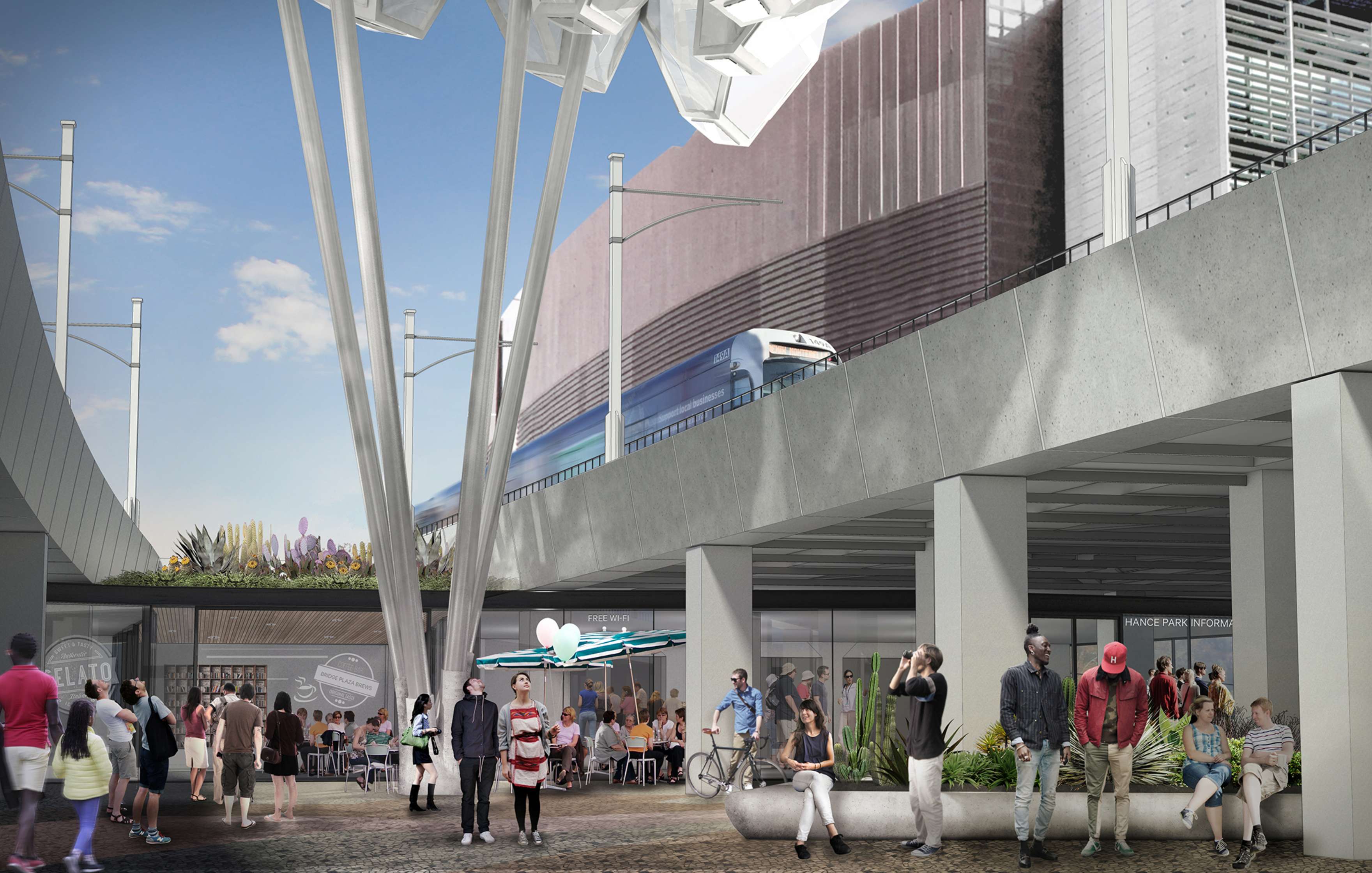 A bustling urban plaza with people walking, sitting, and socializing near modern buildings. A train passes above on an elevated track, and a café with outdoor seating is visible.