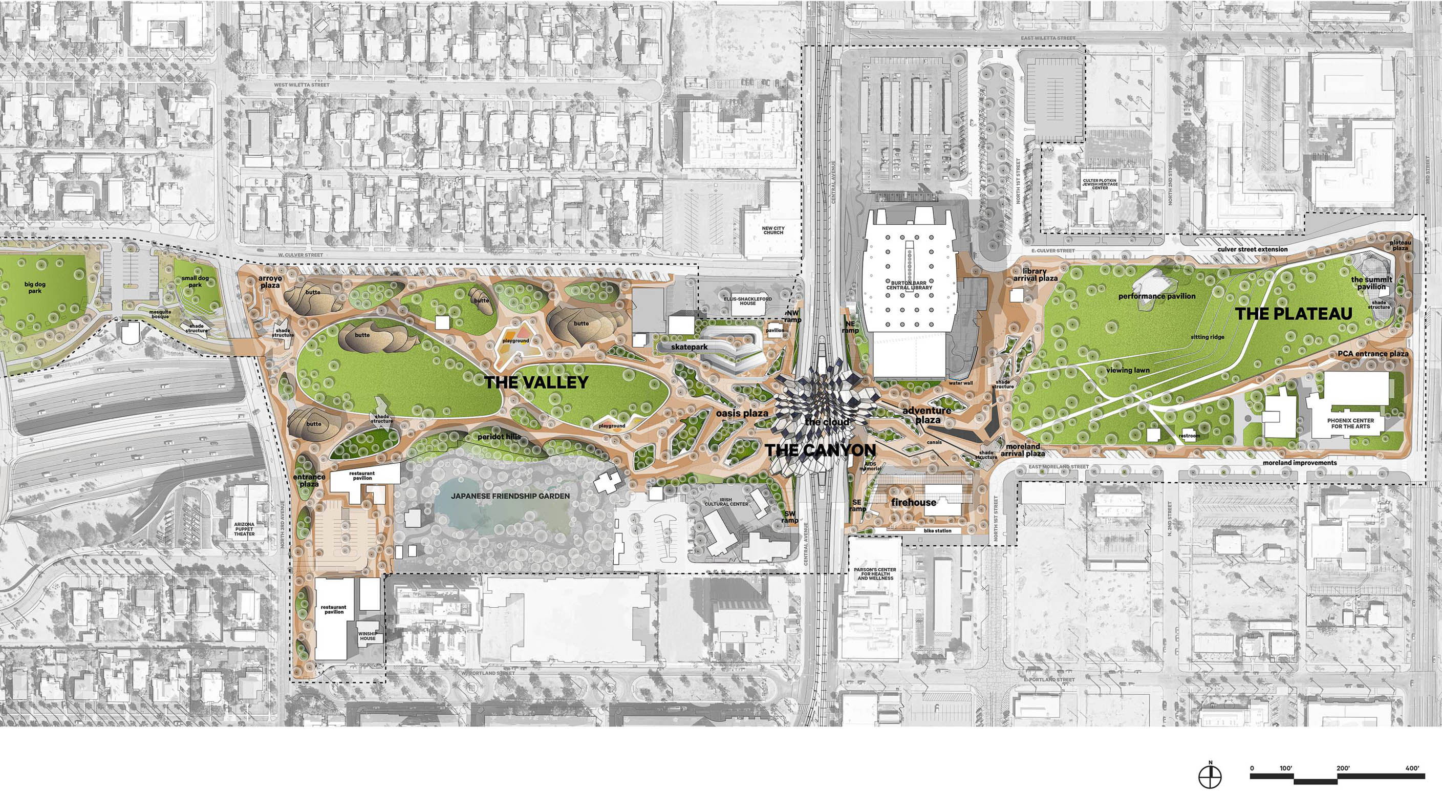 A detailed site plan of a park featuring labeled areas: “The Plateau,” “The Valley,” and “The Parkway,” with pathways, green spaces, and surrounding roads and buildings depicted.