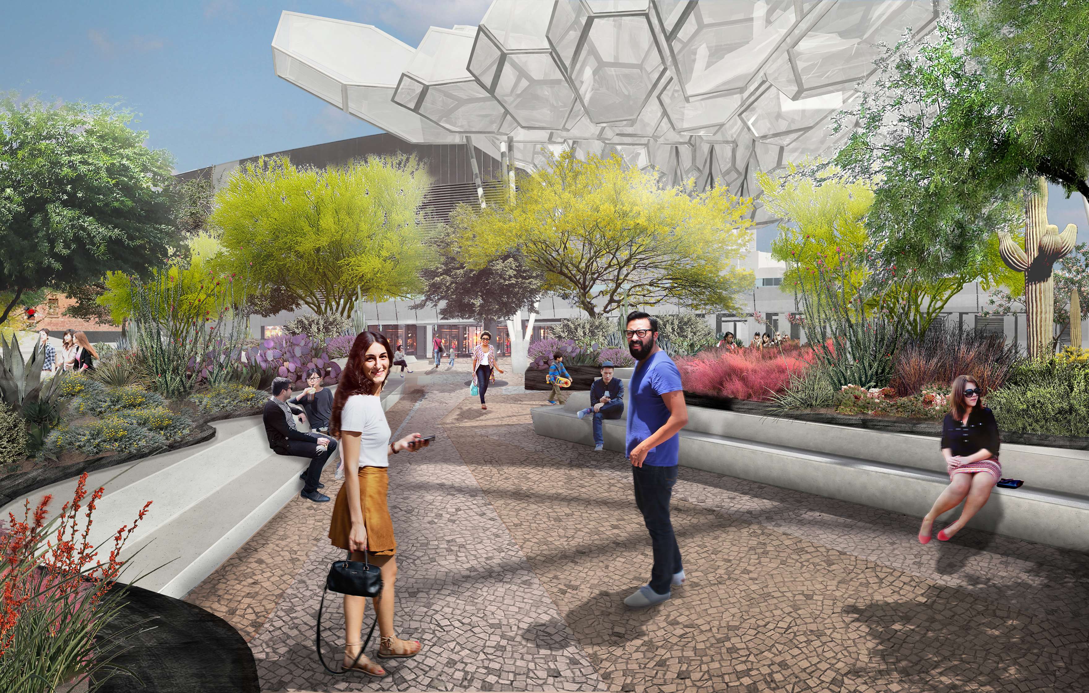 People walk and relax in a modern urban park with geometric sculptures, seating areas, greenery, and walking paths under a partly cloudy sky.