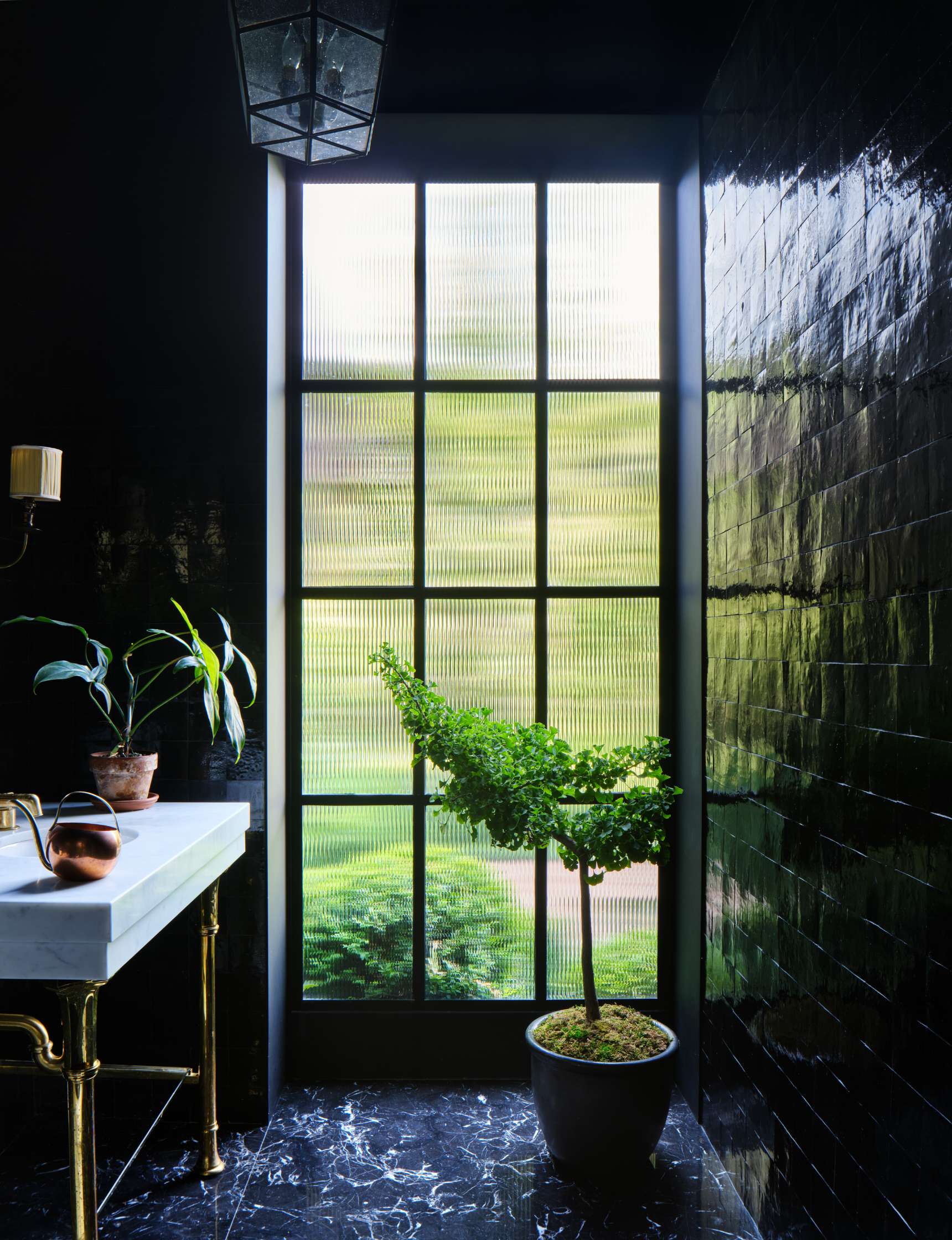 A bathroom with dark tiled walls, a large frosted glass window, a sink with plants on it, and a potted tree next to the window.