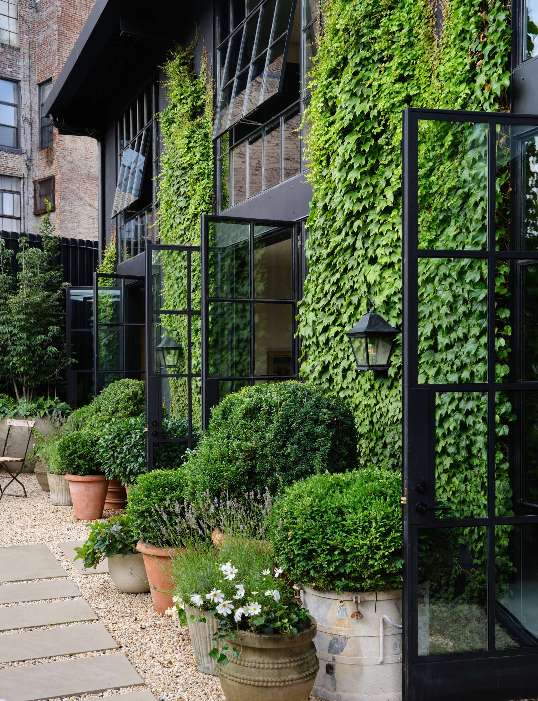 Glass doors and windows open to a courtyard garden with potted plants, green vines covering the building wall, and a gravel path.