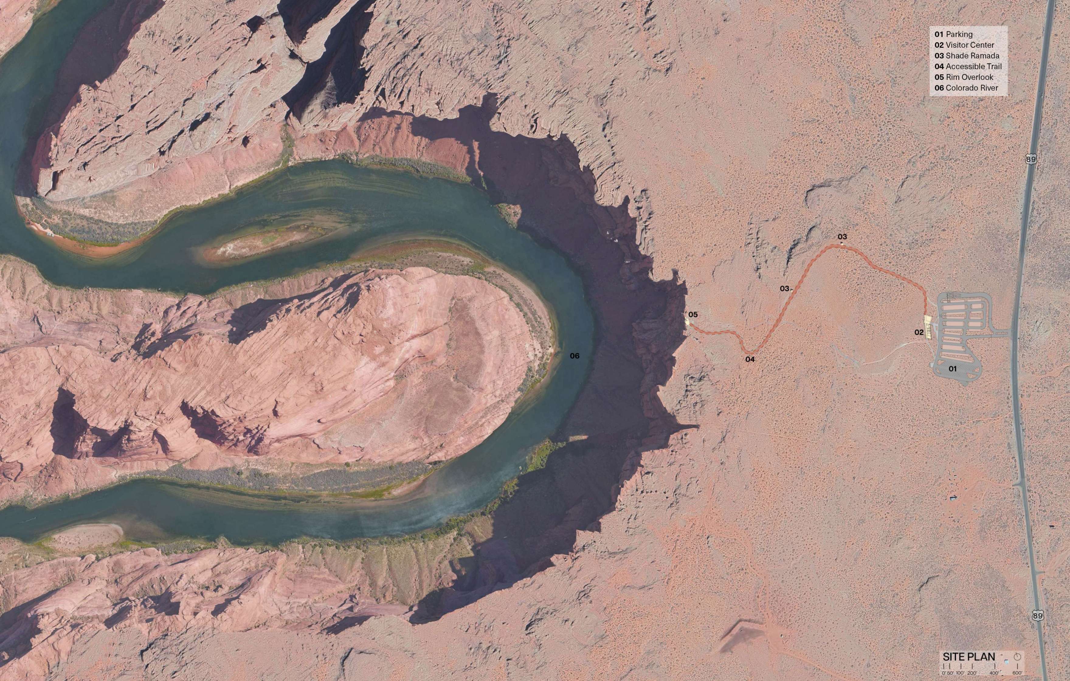 Aerial view showing a river meander surrounded by rocky terrain with an adjacent site plan, including marked points and a parking lot connected by a pathway.