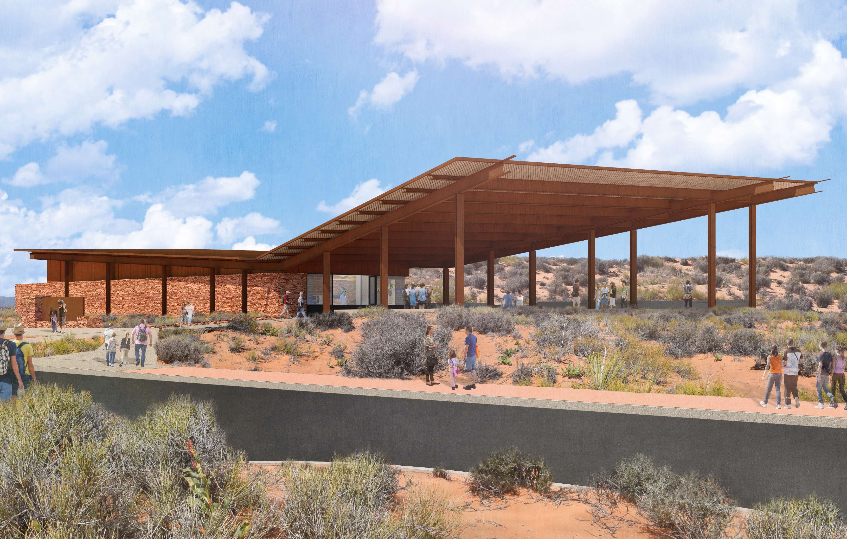 An outdoor scene with people gathered around a modern building featuring a wide, sloping roof and brick walls, set in a desert landscape with sparse vegetation under a partly cloudy sky.