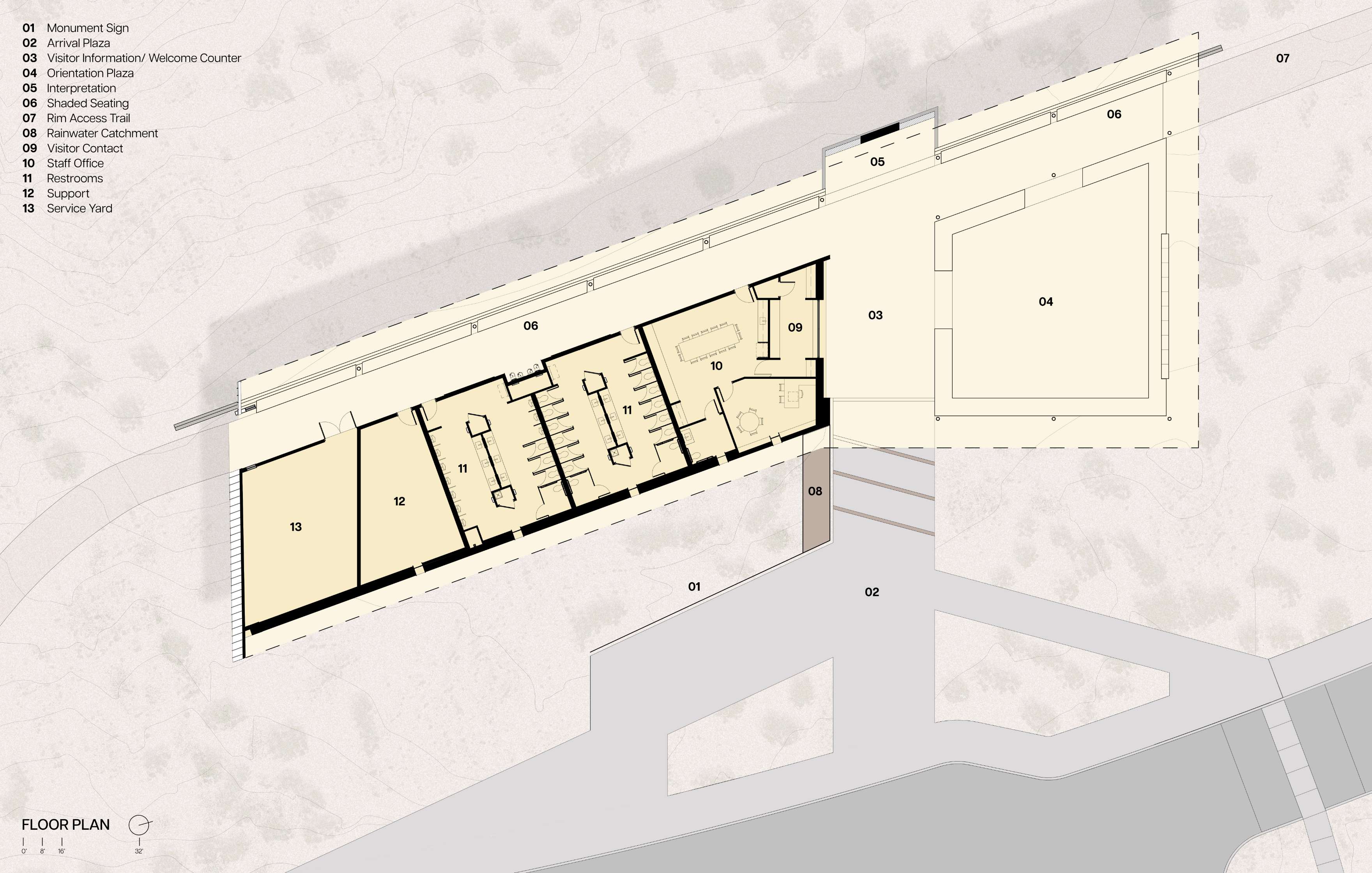 Architectural floor plan with labeled sections, including monument sign, plaza, visitor area, observation space, and restrooms. The layout shows outdoor and indoor areas with pathways and service yard.