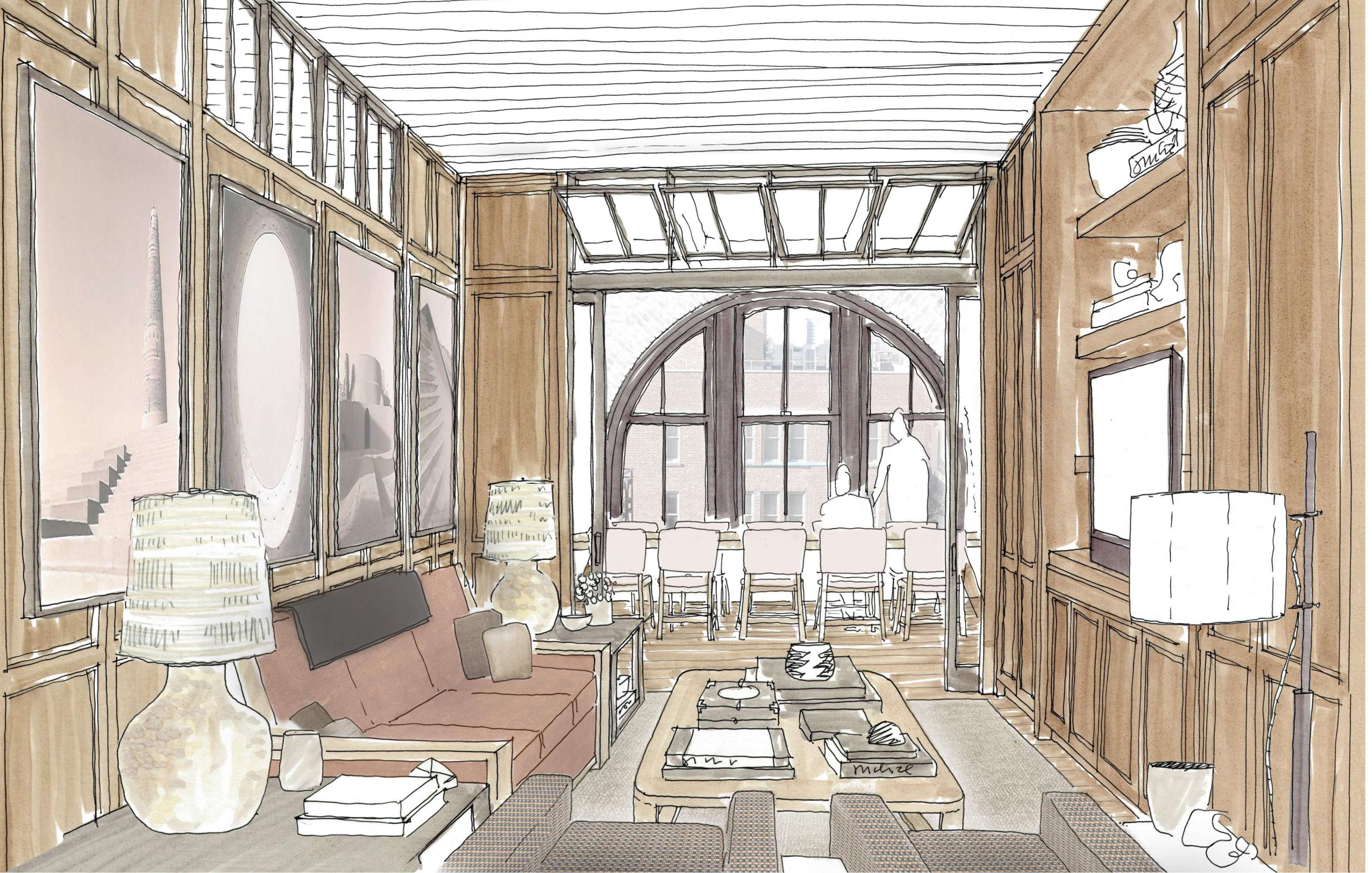 A detailed interior sketch of a long living room and dining area combo, featuring wooden paneling, a large arch window, a sofa, two lamps, a coffee table, and a bookcase.