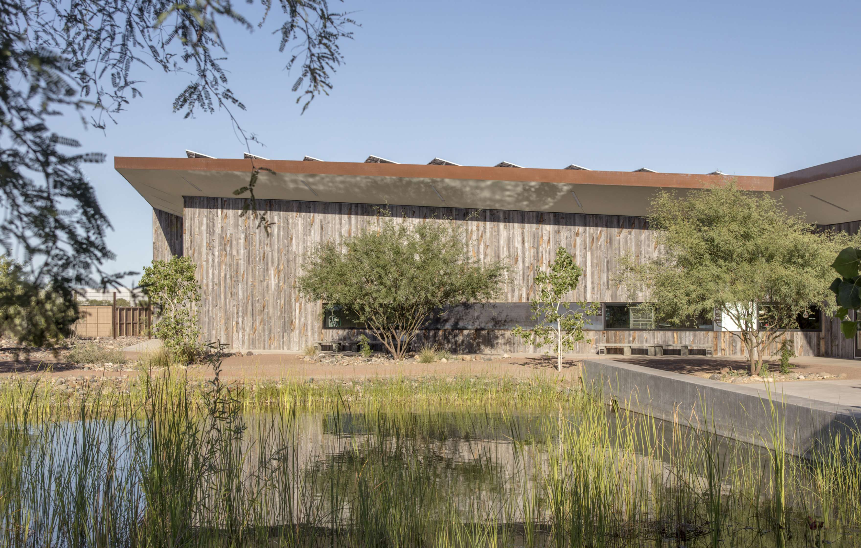 A modern building with a wooden facade and angled roof is surrounded by trees and reflected in a nearby pond on a clear day.