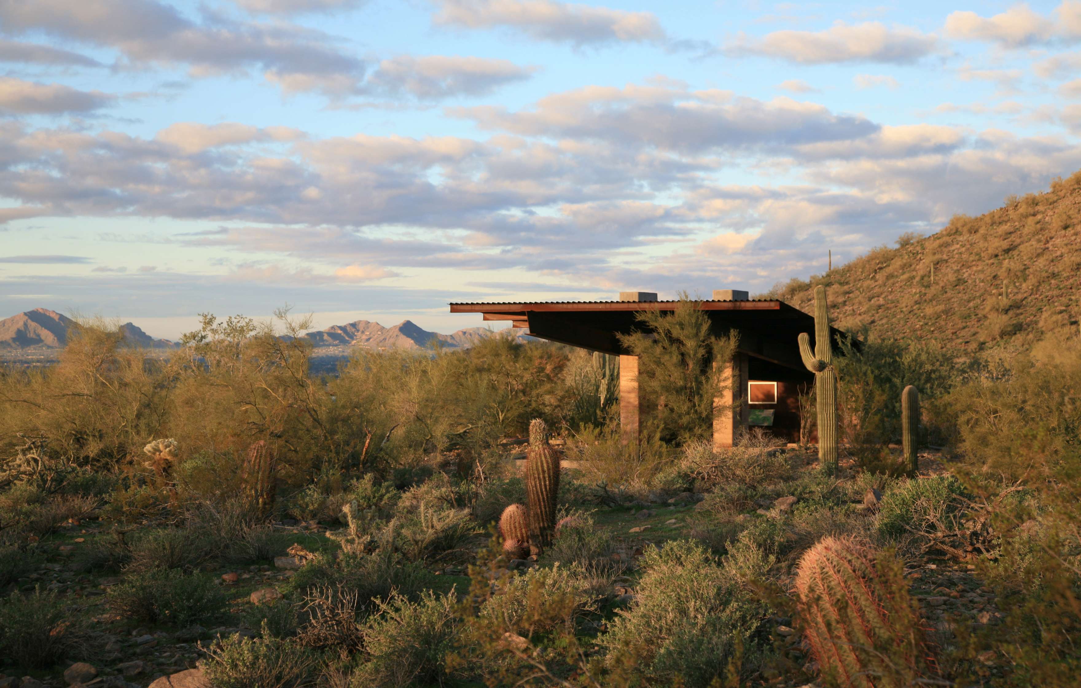 A modern house with a flat roof stands amidst desert vegetation and cacti, with mountains visible in the distance under a partly cloudy sky.