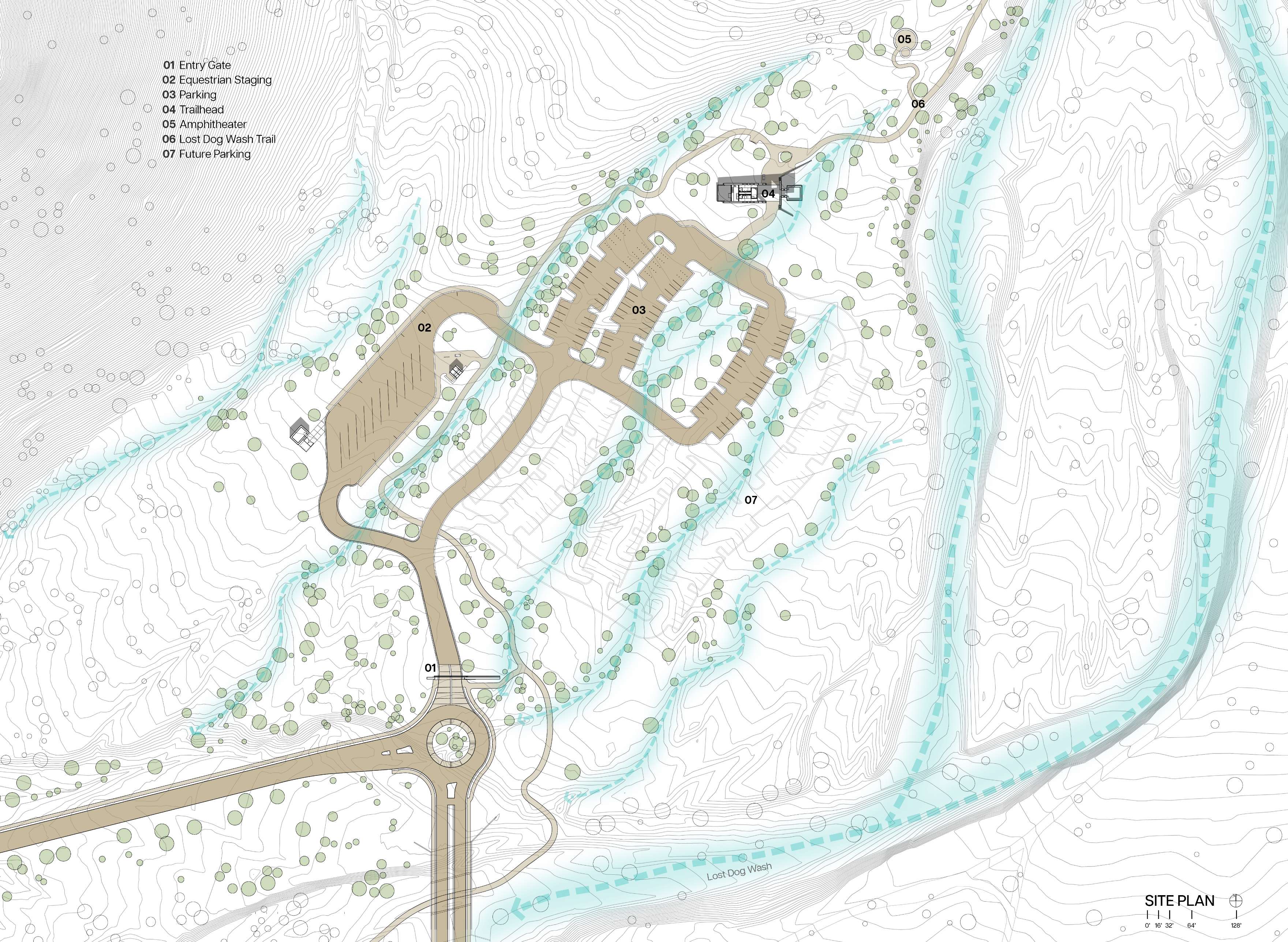 A detailed site plan map showing a layout of buildings, parking areas, paths, and natural features such as streams and varied elevation lines. Key zones include the entrance, a parking lot, and trails.