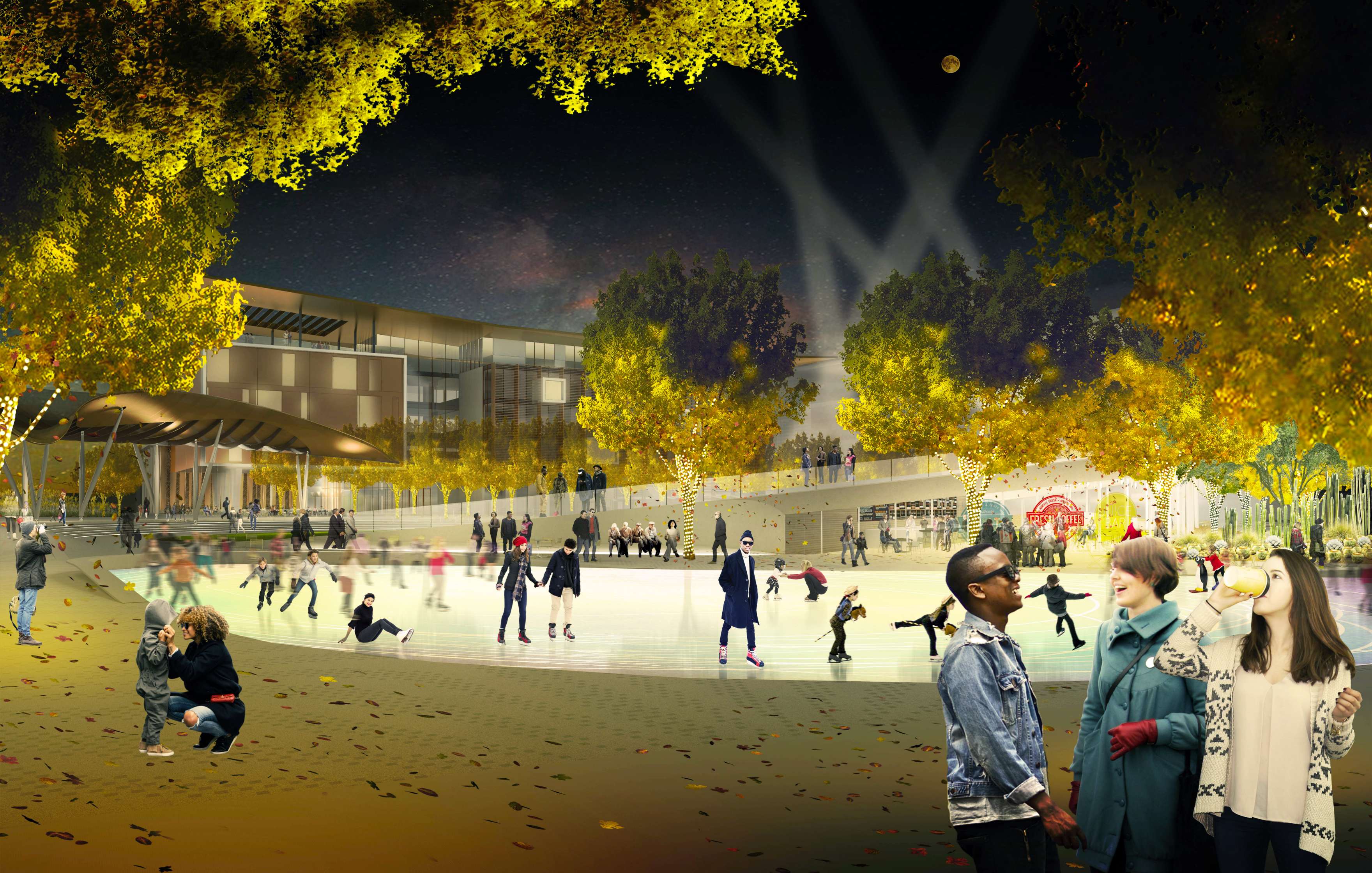 People dancing in an outdoor park during twilight, with trees, a modern pavilion, and buildings in the background. The scene is illuminated with purple and pink lights.