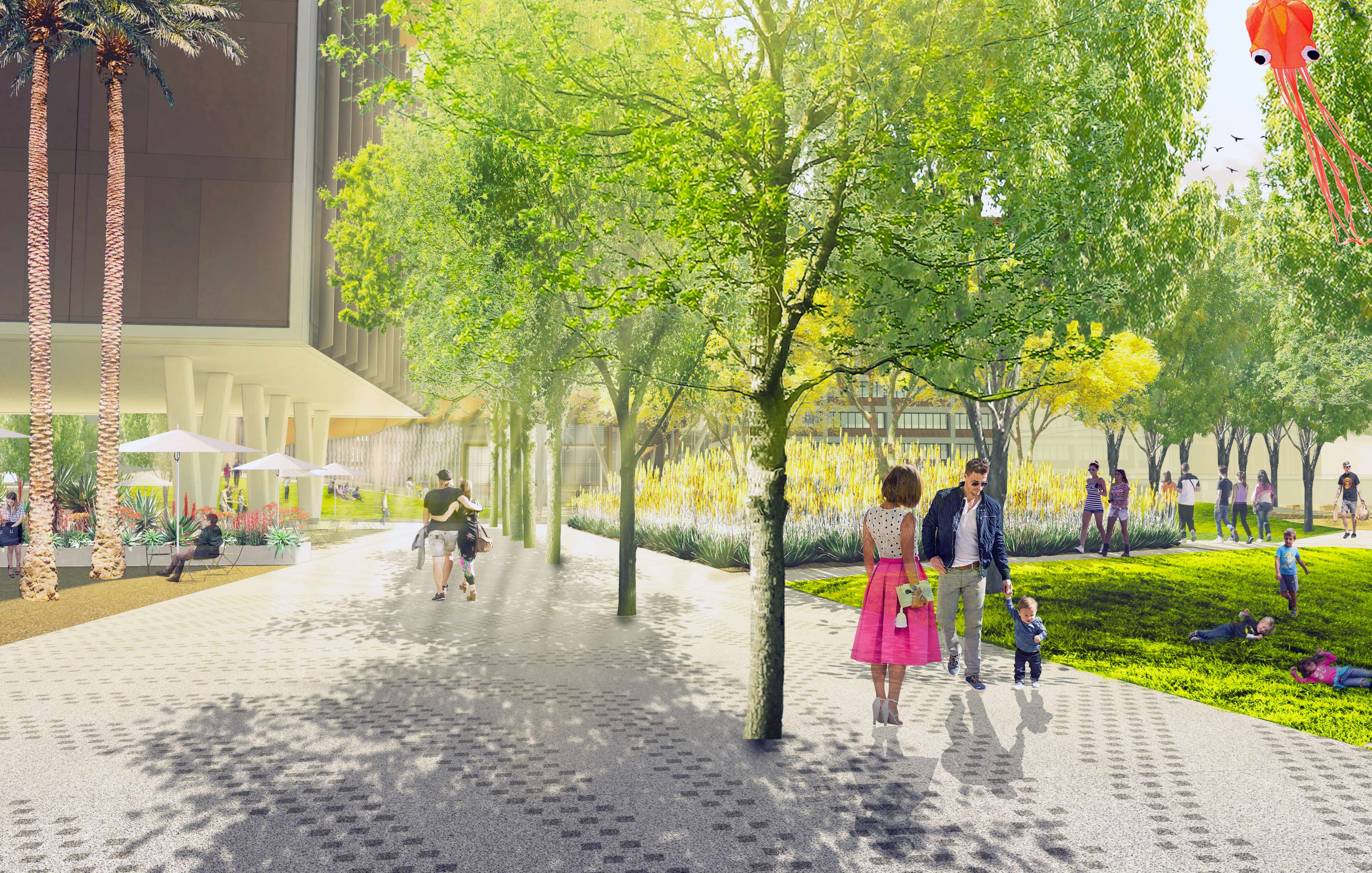 A public plaza with a water feature surrounded by trees and modern buildings. People are relaxing, walking, and socializing.