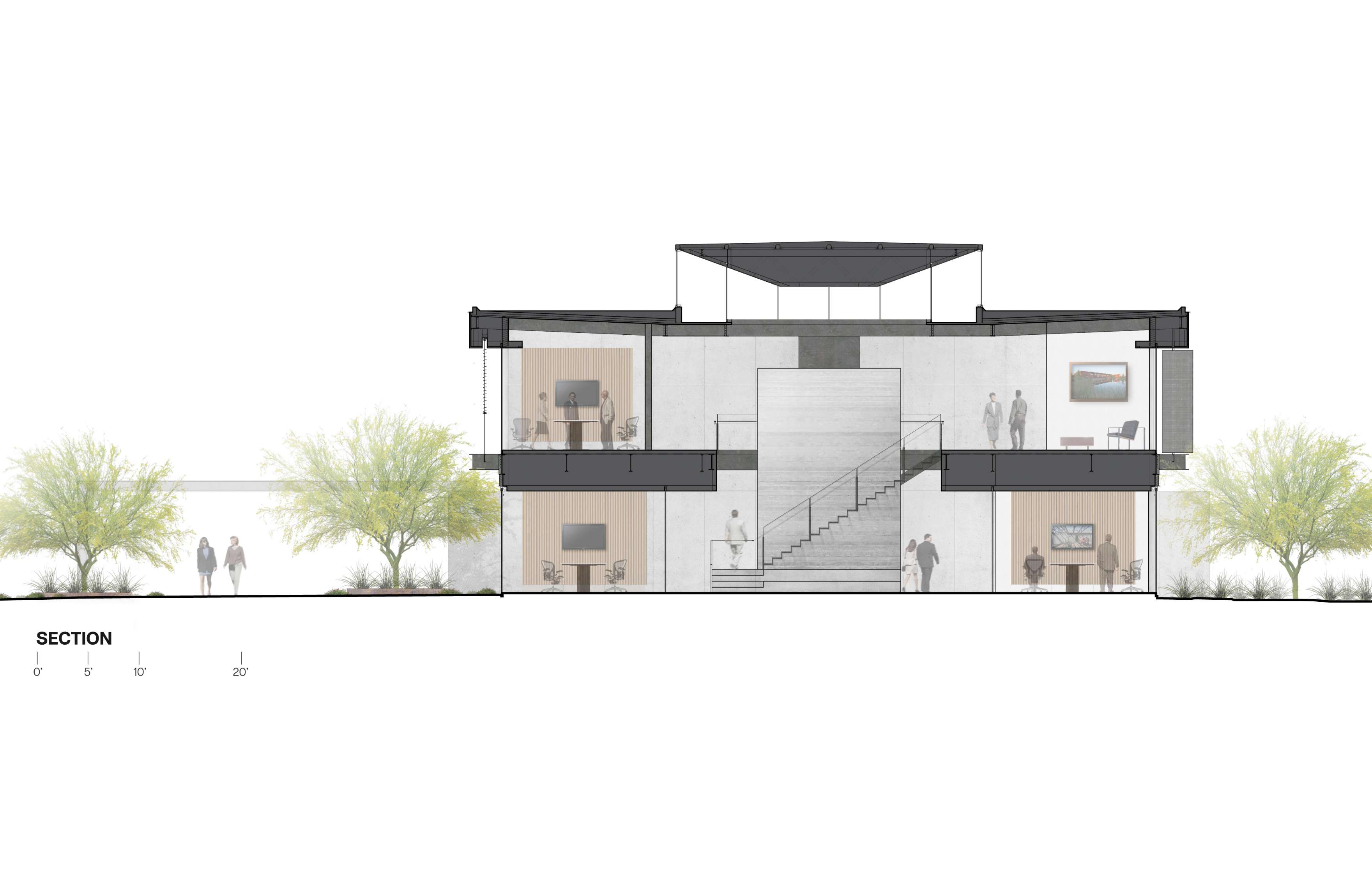 Cross-section architectural rendering of a modern multi-level building showing interior rooms, staircases, people, and surrounding greenery.