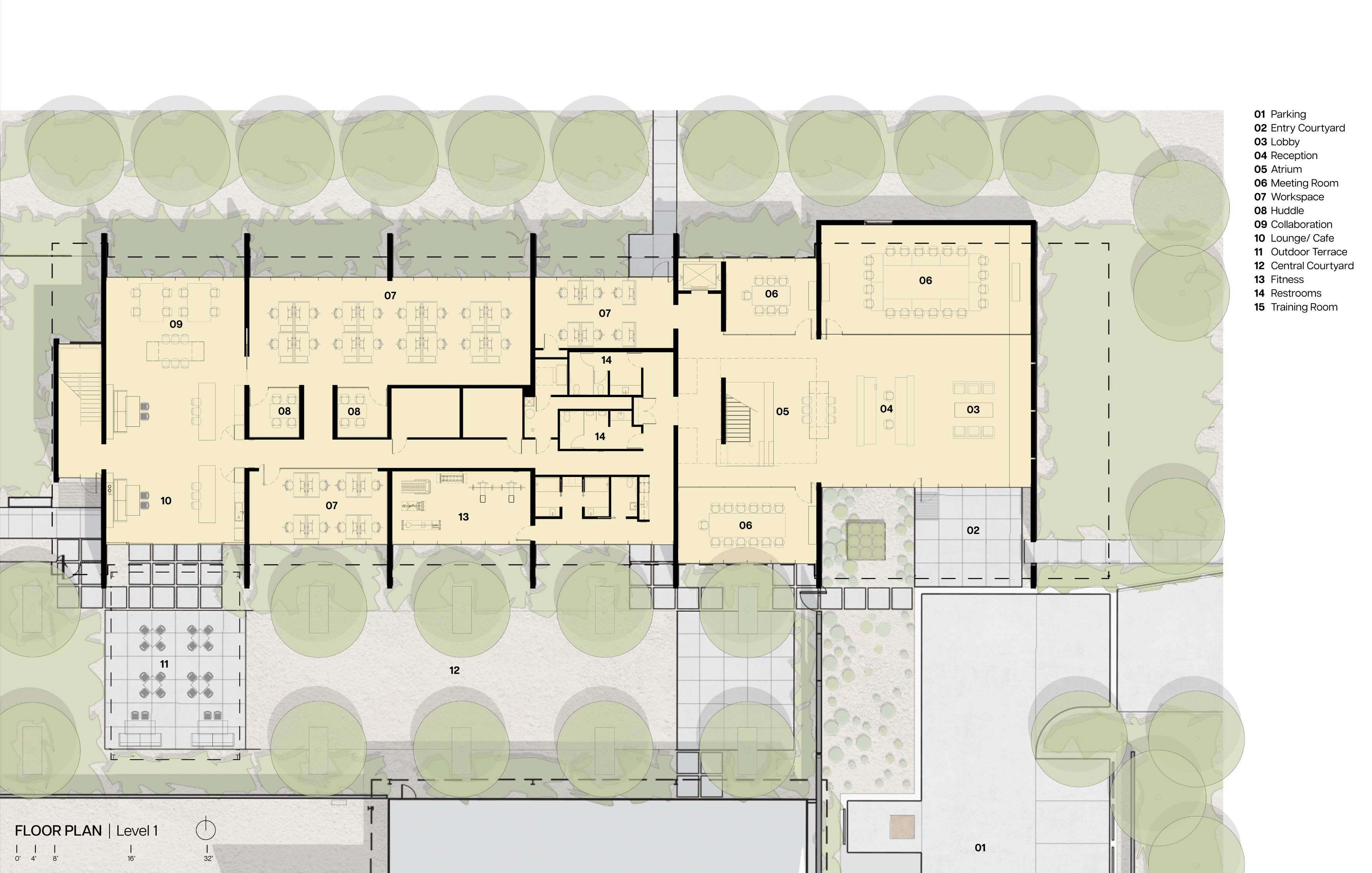 Architectural floor plan of a building's first level, detailing areas like lobbies, collaboration spaces, training rooms, lounge zones, office areas, and indicating outdoor features such as parking and courtyards.