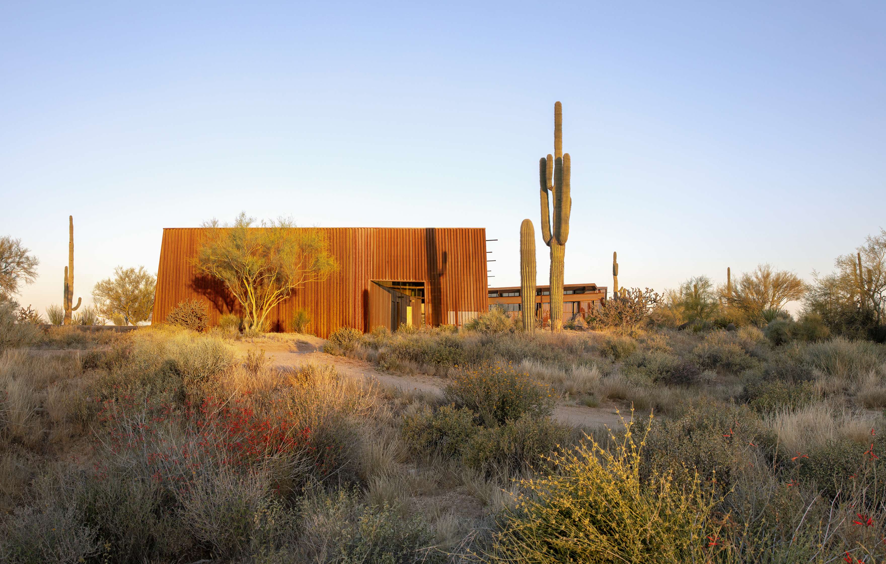 A modern building with a rust-colored exterior stands in a desert landscape with cacti and sparse vegetation under a clear sky.