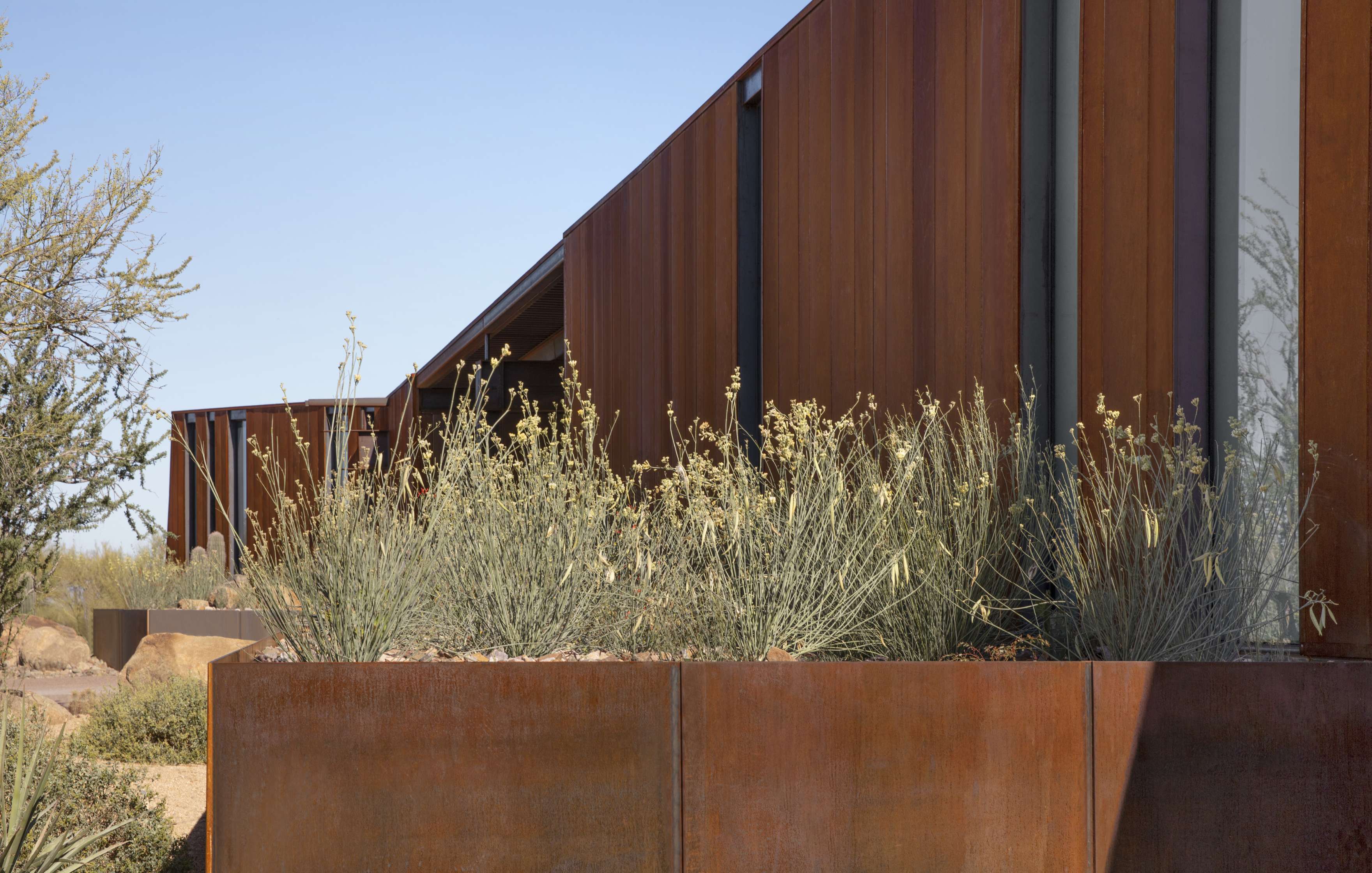 Modern building with rust-colored metal siding and desert landscaping, featuring various plants and shrubs against a clear blue sky.