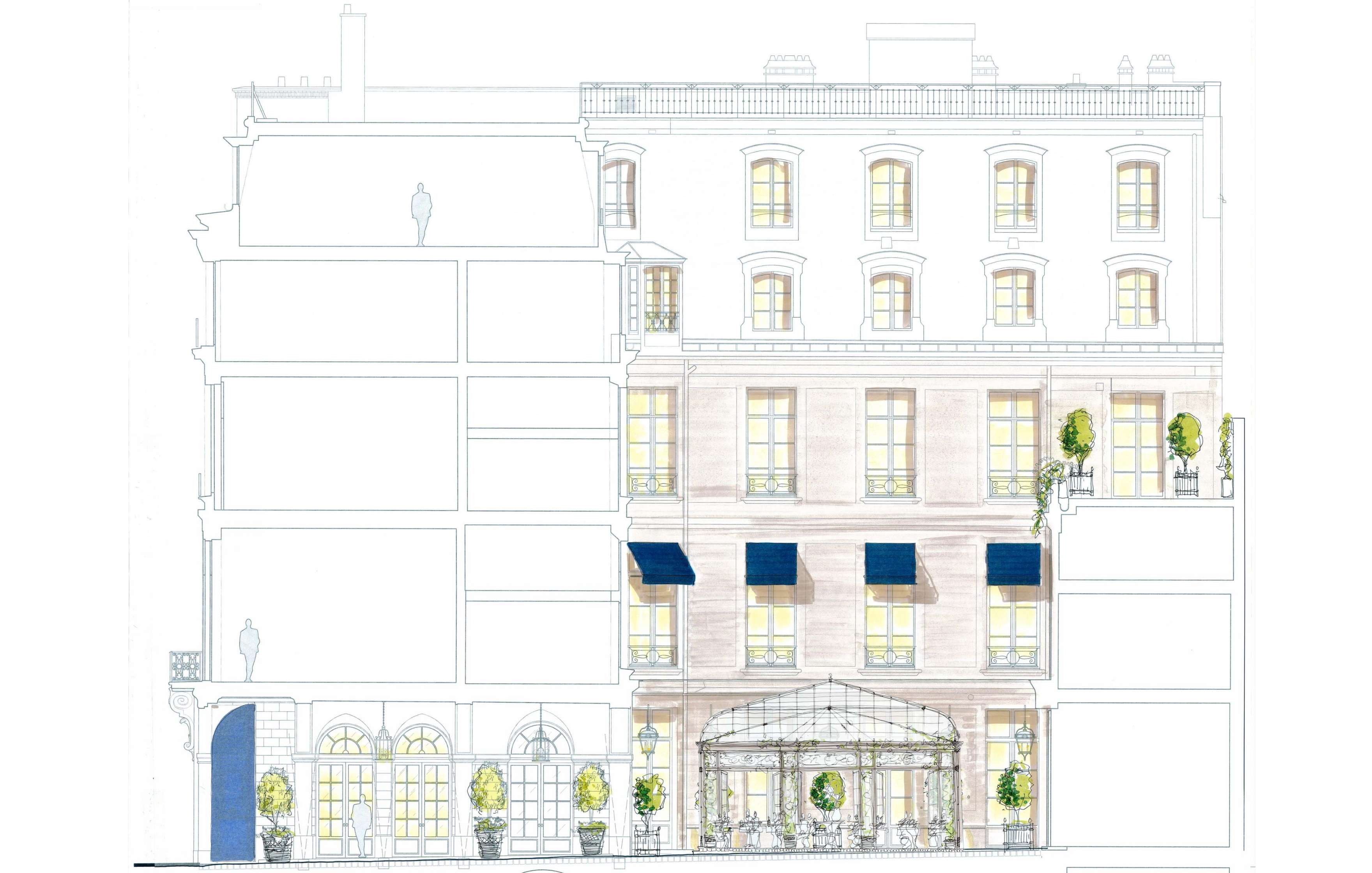 Architectural drawing of a multi-story building facade with arched windows, balconies, and a terrace at the ground level, adorned with outdoor plants and awnings over windows and ground-level area.