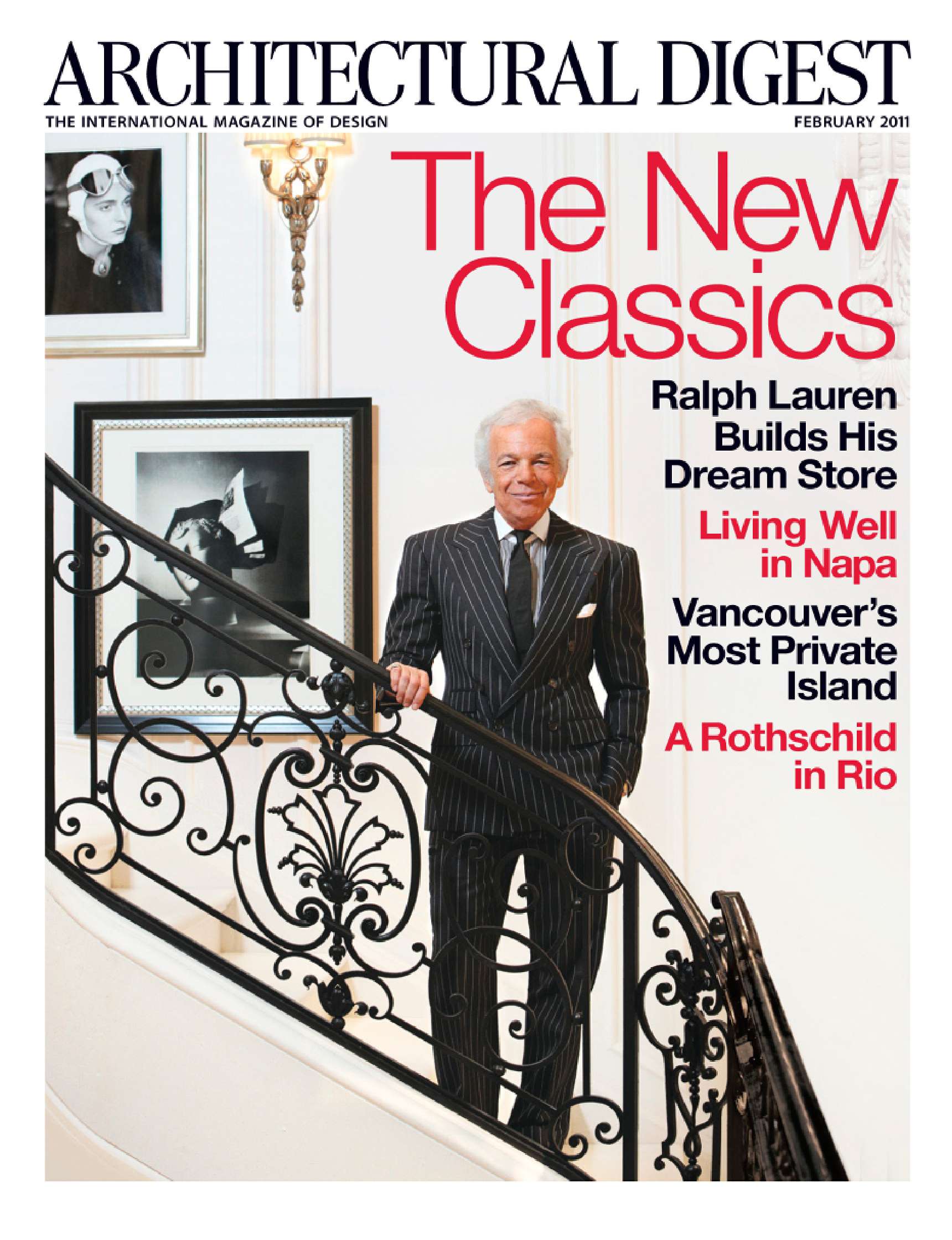 Architectural Digest February 2011 cover featuring a man in a striped suit standing on a wrought-iron staircase with the headline “The New Classics” and various article titles.