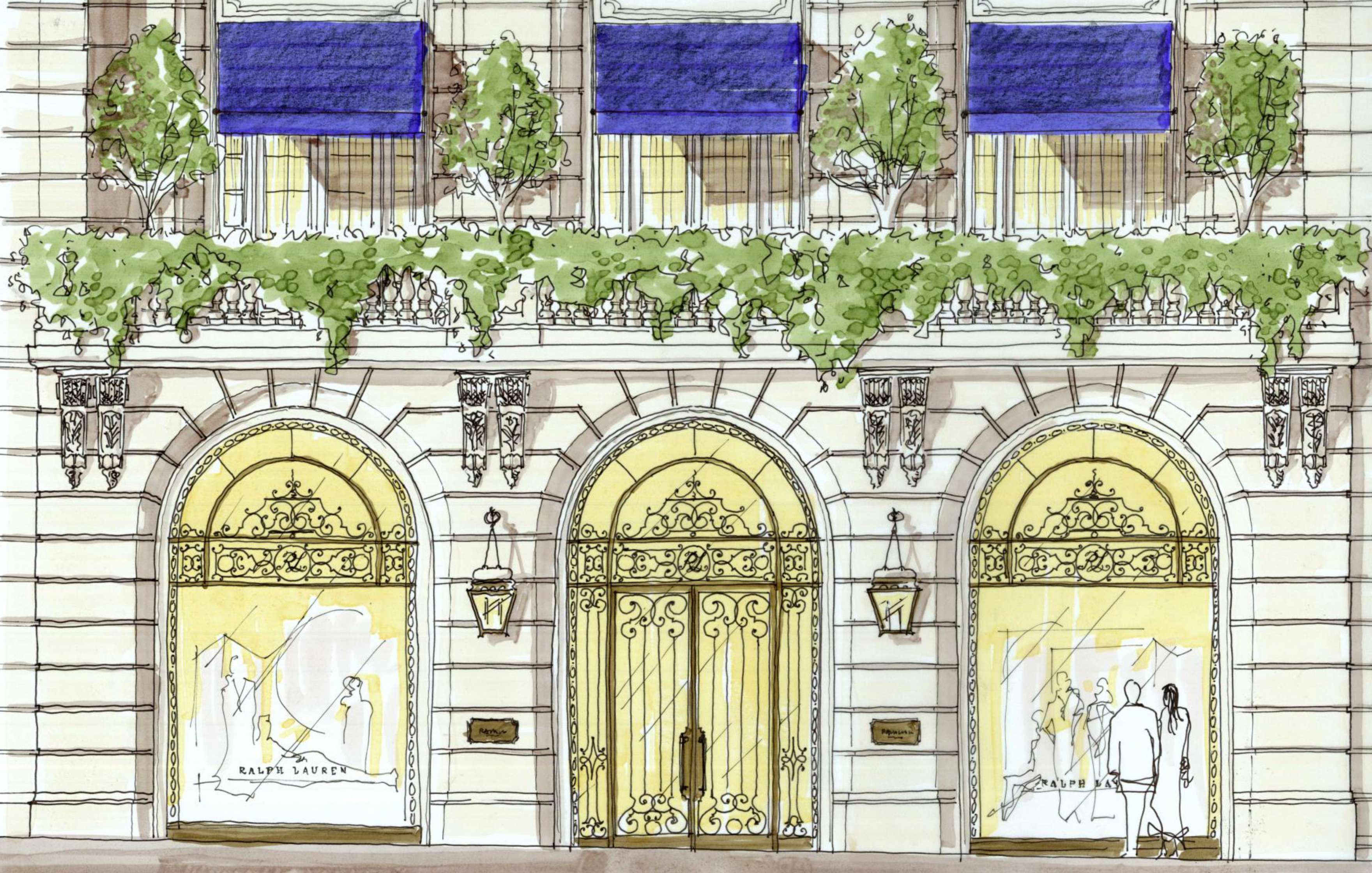 A detailed sketch depicts a grand salon with elegant chandeliers, ornate walls, large windows with curtains, and plush seating. The room is part of a Ralph Lauren design.