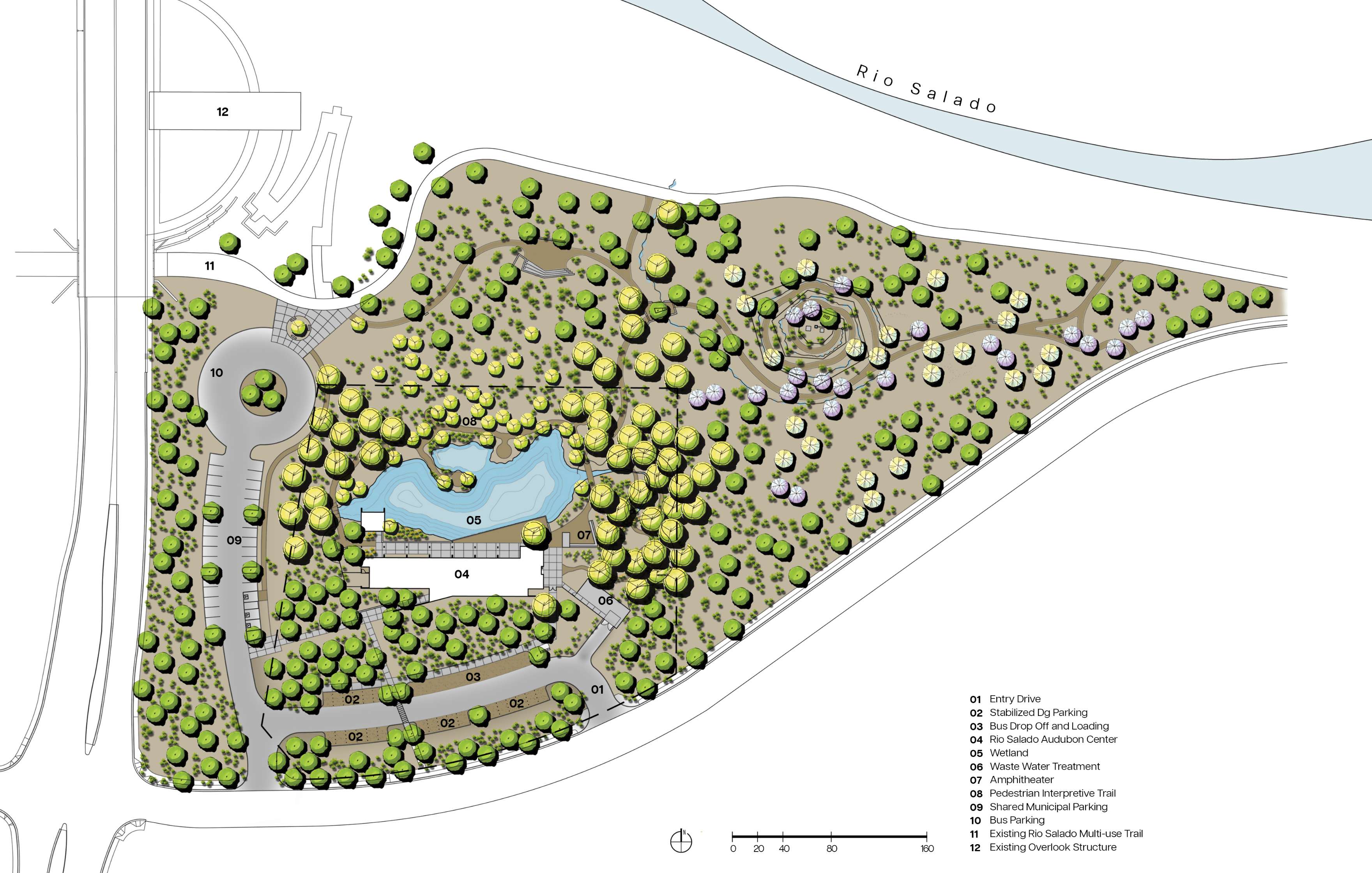 A detailed landscape plan of a nature center near Rio Salado illustrates trails, parking, amphitheater, water features, and interpretive areas surrounded by vegetation and pathways.