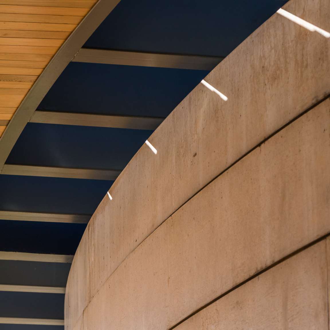 Curved concrete wall and wooden ceiling intersected by blue metal beams, with sunlight filtering through gaps.