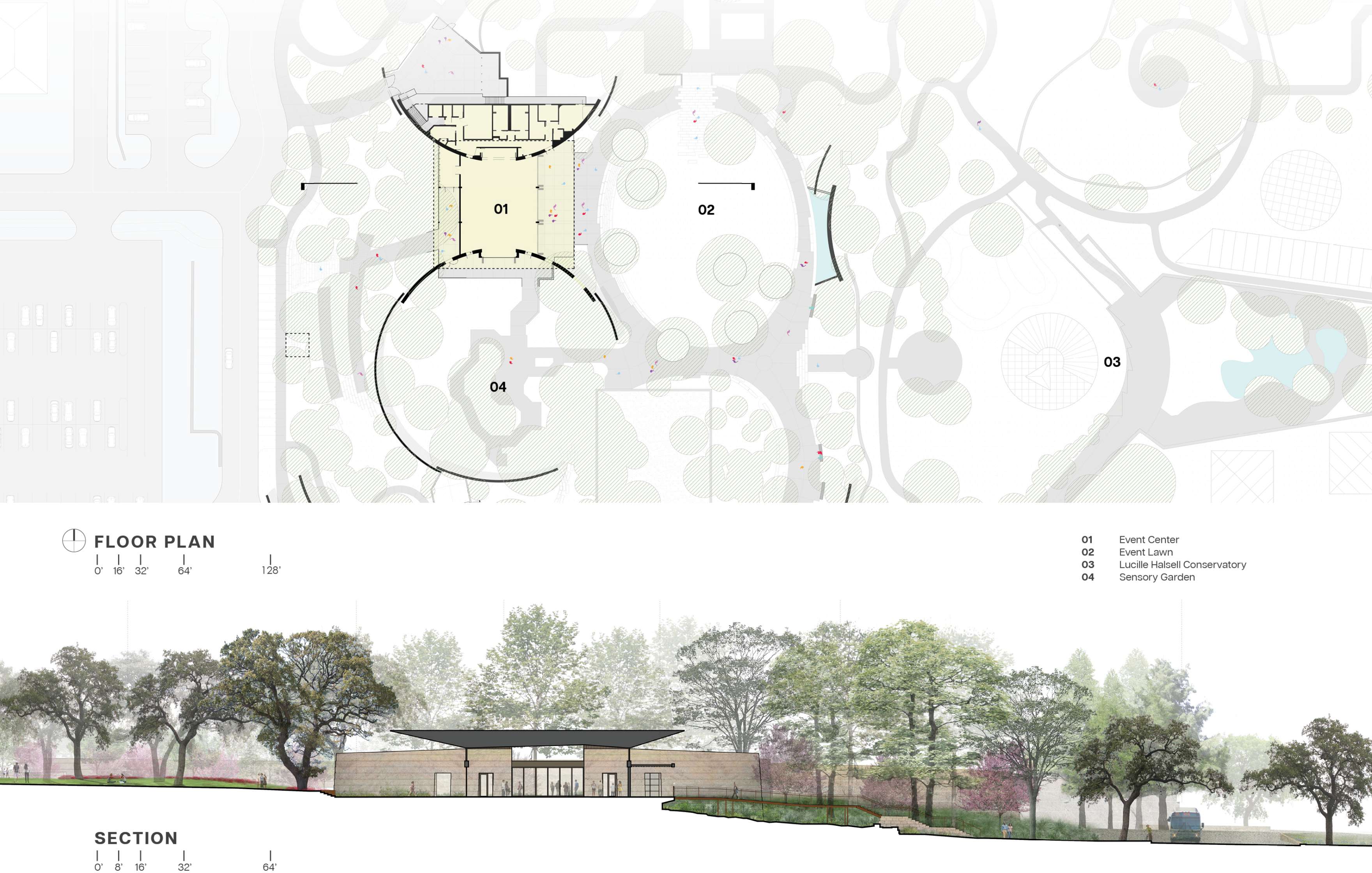 Architectural drawing showing the floor plan and elevation section of an event center, with labeled areas including an event hall, lithosphere conservatory, event lawn, and sensory garden.