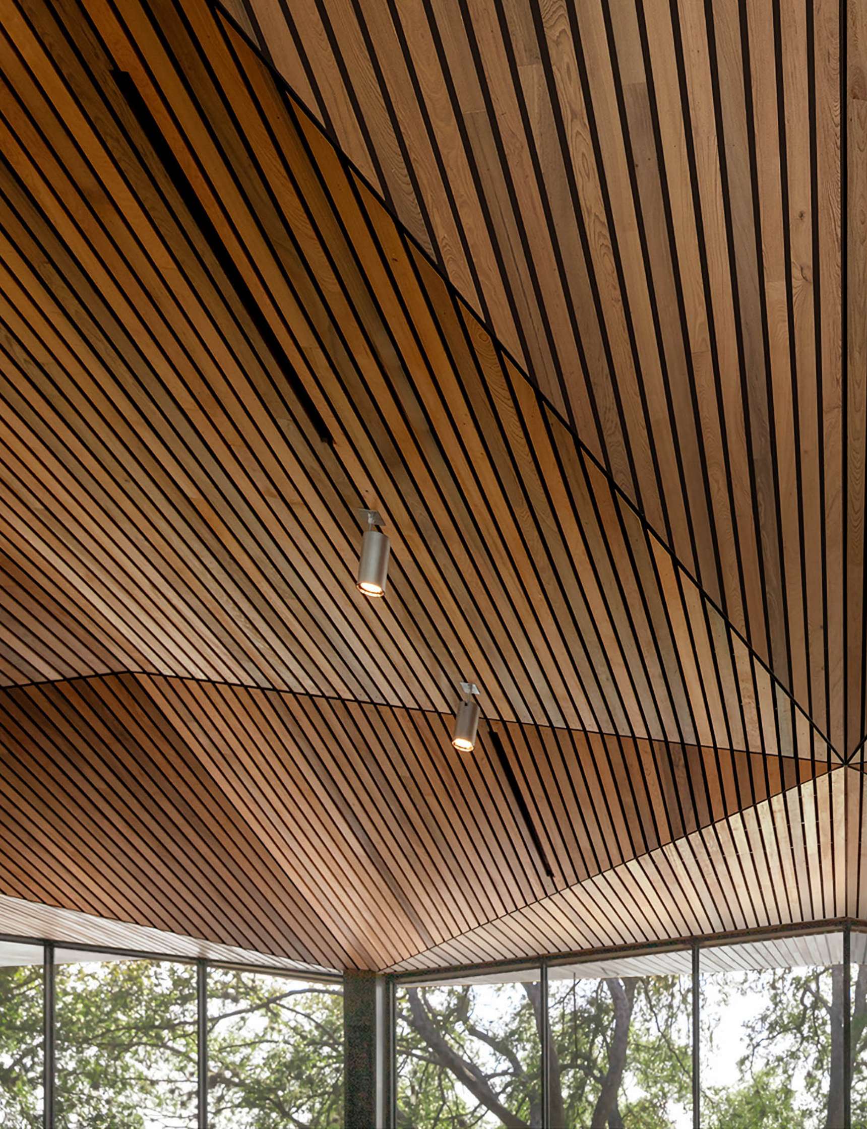 A modern ceiling with wooden slats and two hanging light fixtures, above large windows offering a view of trees outside.