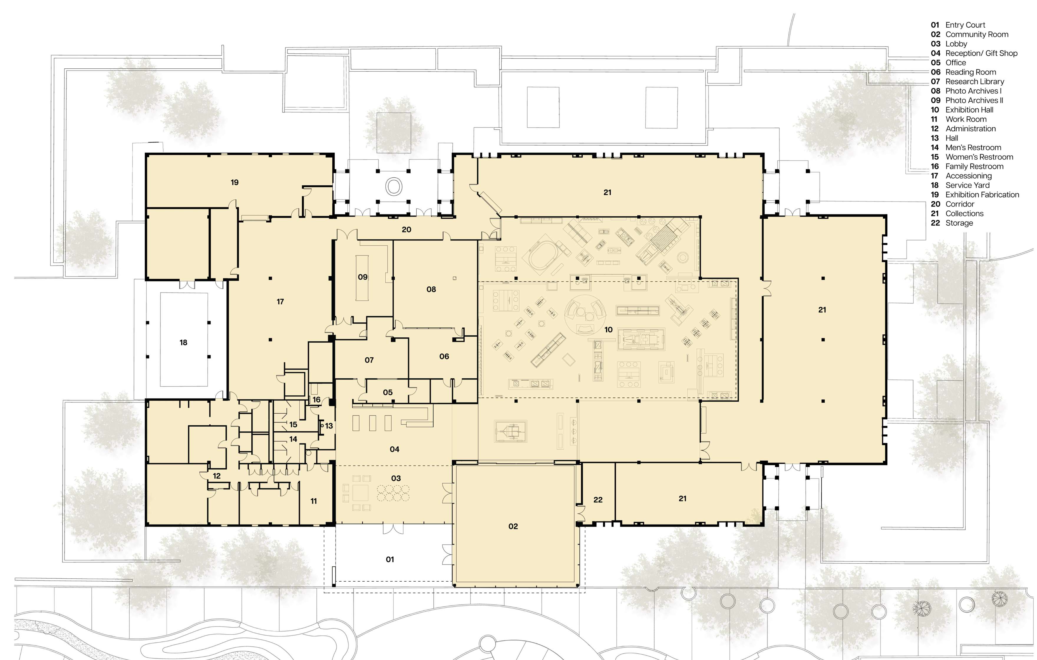 A detailed floor plan of a building showing multiple labeled rooms, corridors, and areas. A legend on the right identifies various functions and spaces within the layout.