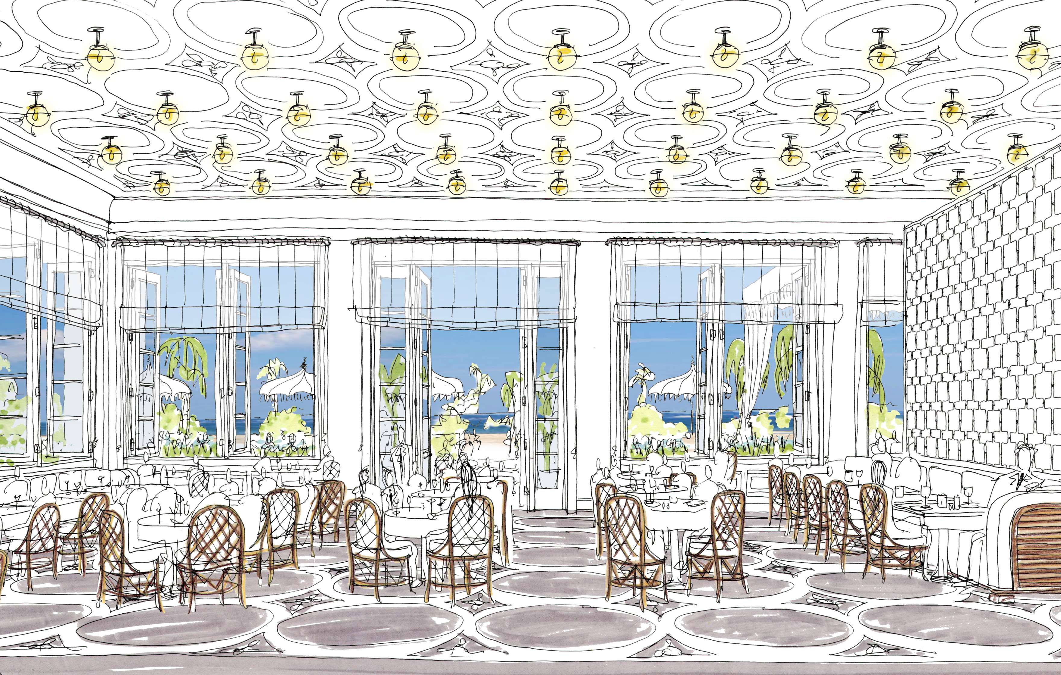 Illustration of an elegant, airy dining room with large windows overlooking a beach scene. The room features round tables, wicker chairs, and a decorative ceiling with hanging lights.