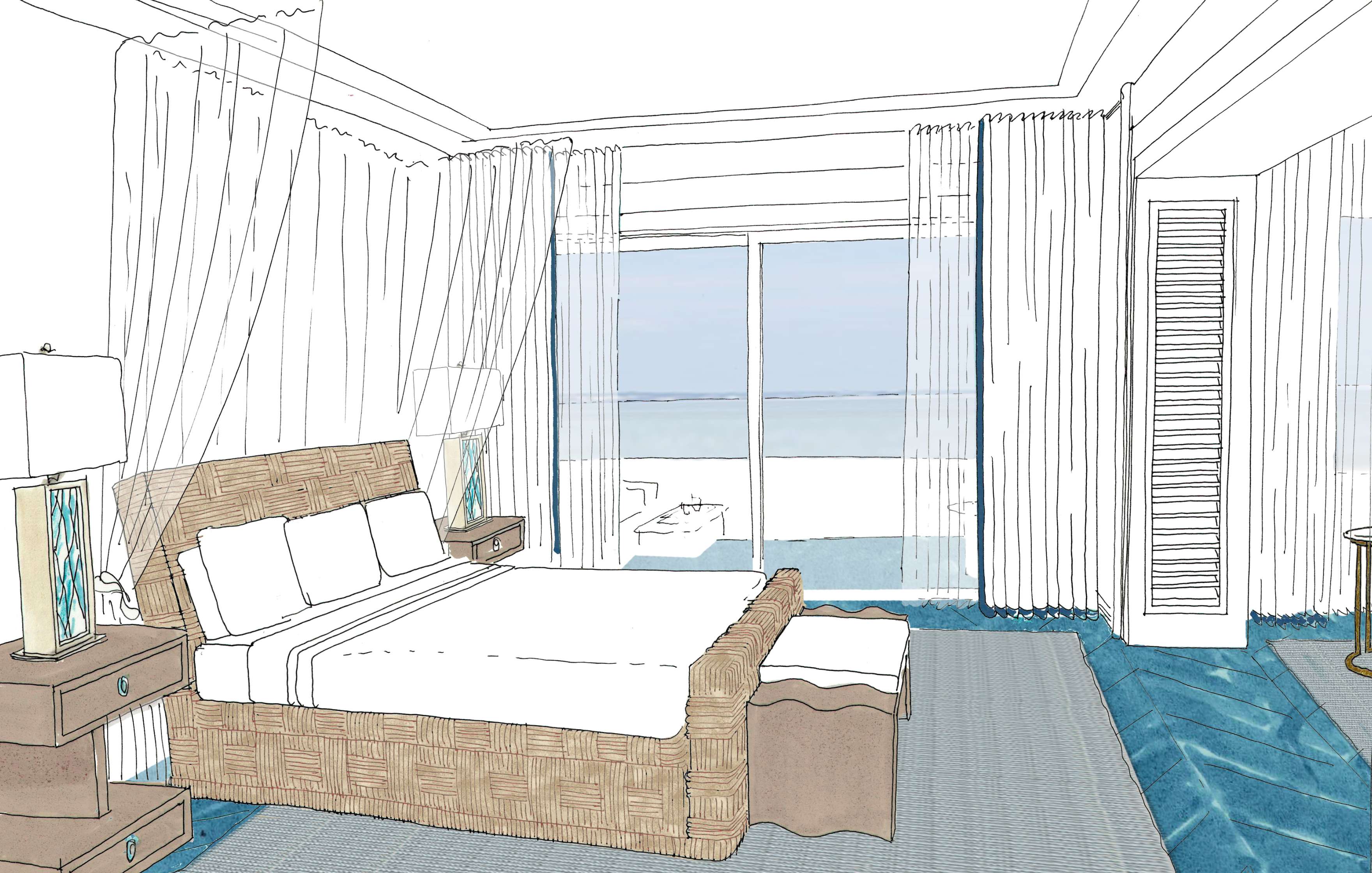 Illustration of a bedroom with a large bed, ocean view, glass sliding doors, and wicker furniture. The floor has a blue-patterned carpet.