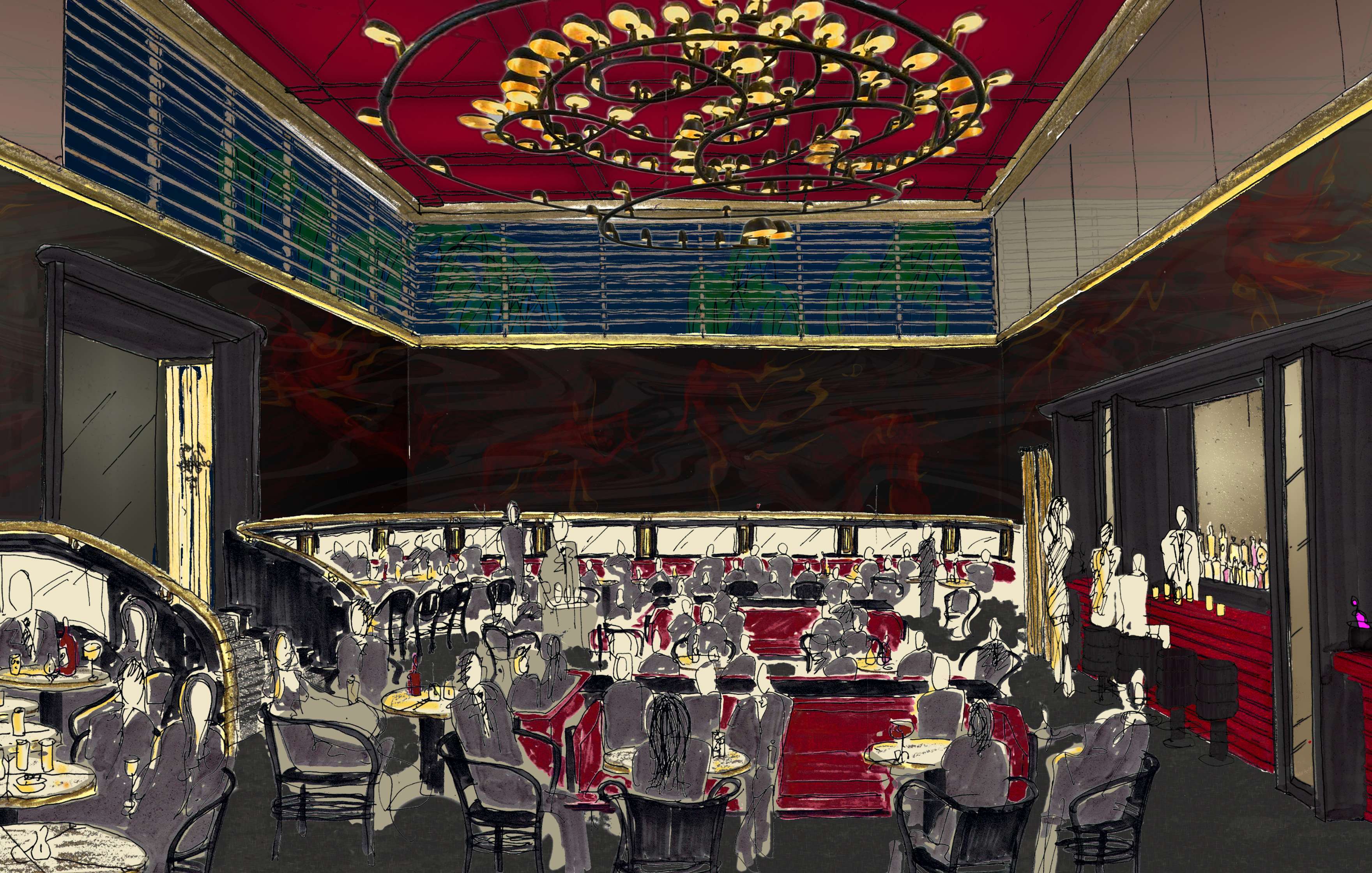 Illustration of a bustling, elegant restaurant with diners seated at tables. A large, ornate chandelier hangs from the ceiling, and a bar is visible on the right.