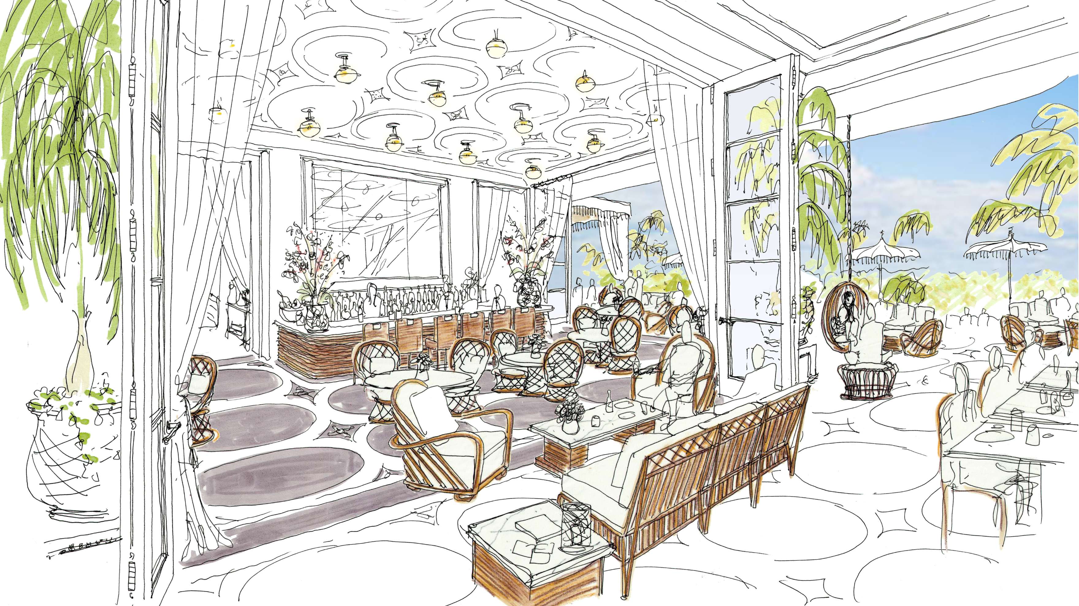 Illustrated interior of an elegant cafe with wicker chairs, tables, and large windows. Decor includes plants, hanging lights, and patterned ceiling. Outdoor view features umbrellas and greenery.