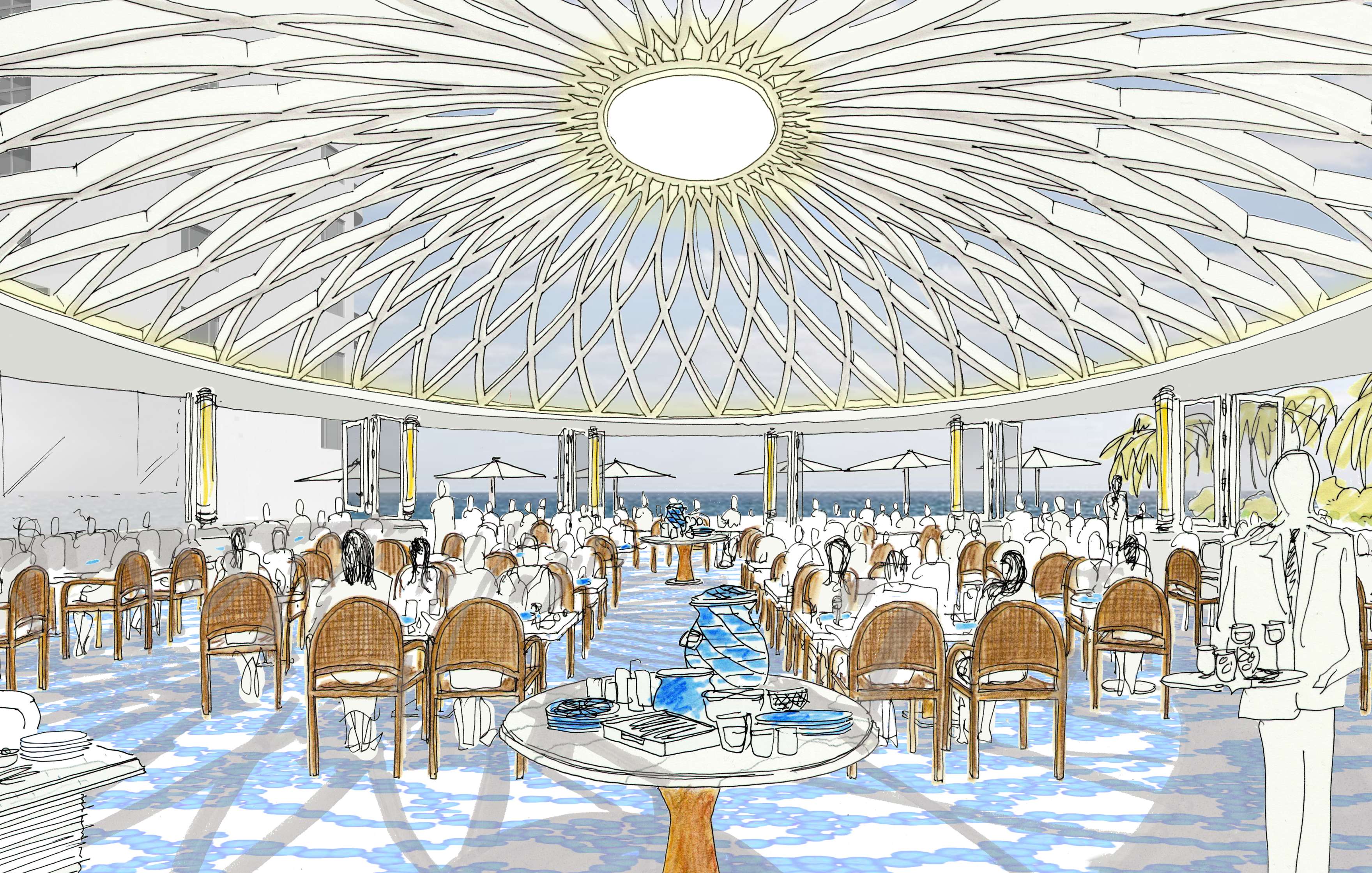 A sketch of an elegant restaurant with a large domed ceiling, tables set for dining, and a view of the ocean through large windows.