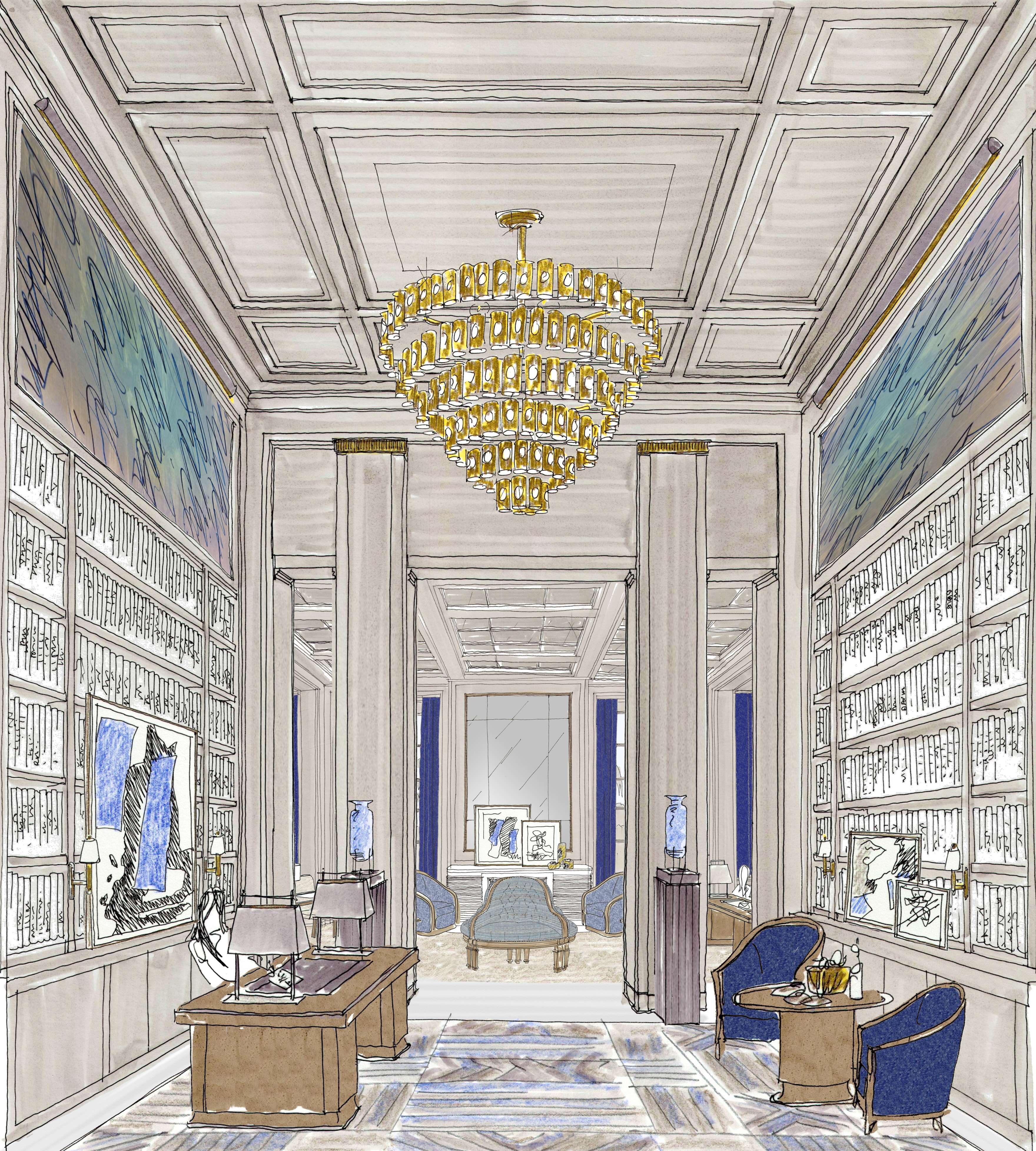 Illustration of an elegant room with tall bookshelves, a large chandelier, and plush seating. The space features a desk, artwork, and neutral colors with blue accents.