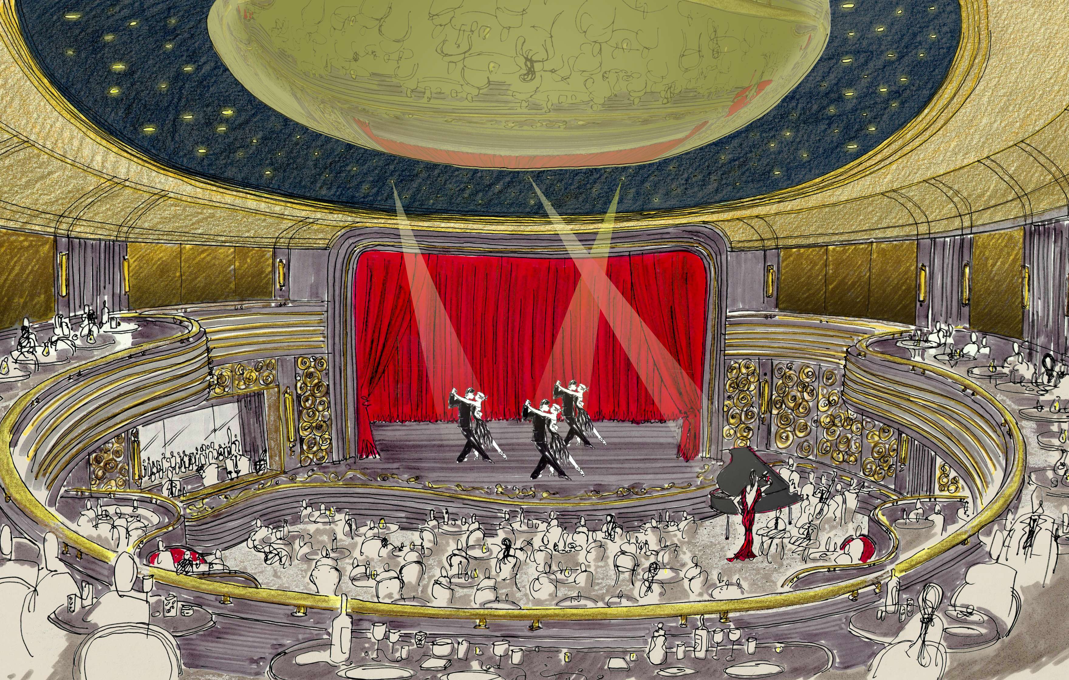 Illustration of a grand theater with a curved balcony, a red curtain stage, and performers dancing in front of a large audience under a starry dome.