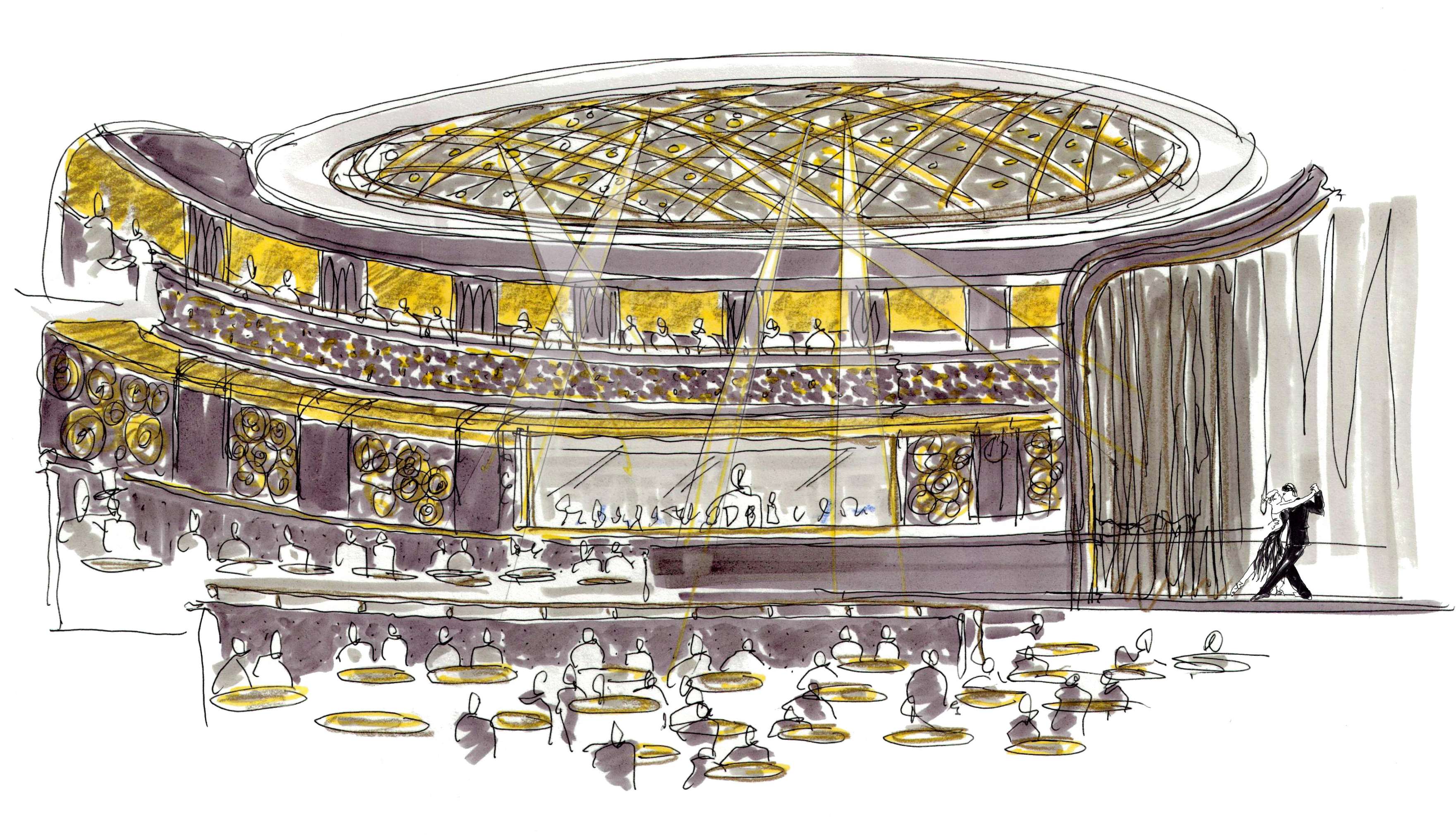 Illustration of a modern concert hall with an audience and conductor, featuring a dome ceiling and tiered seating.