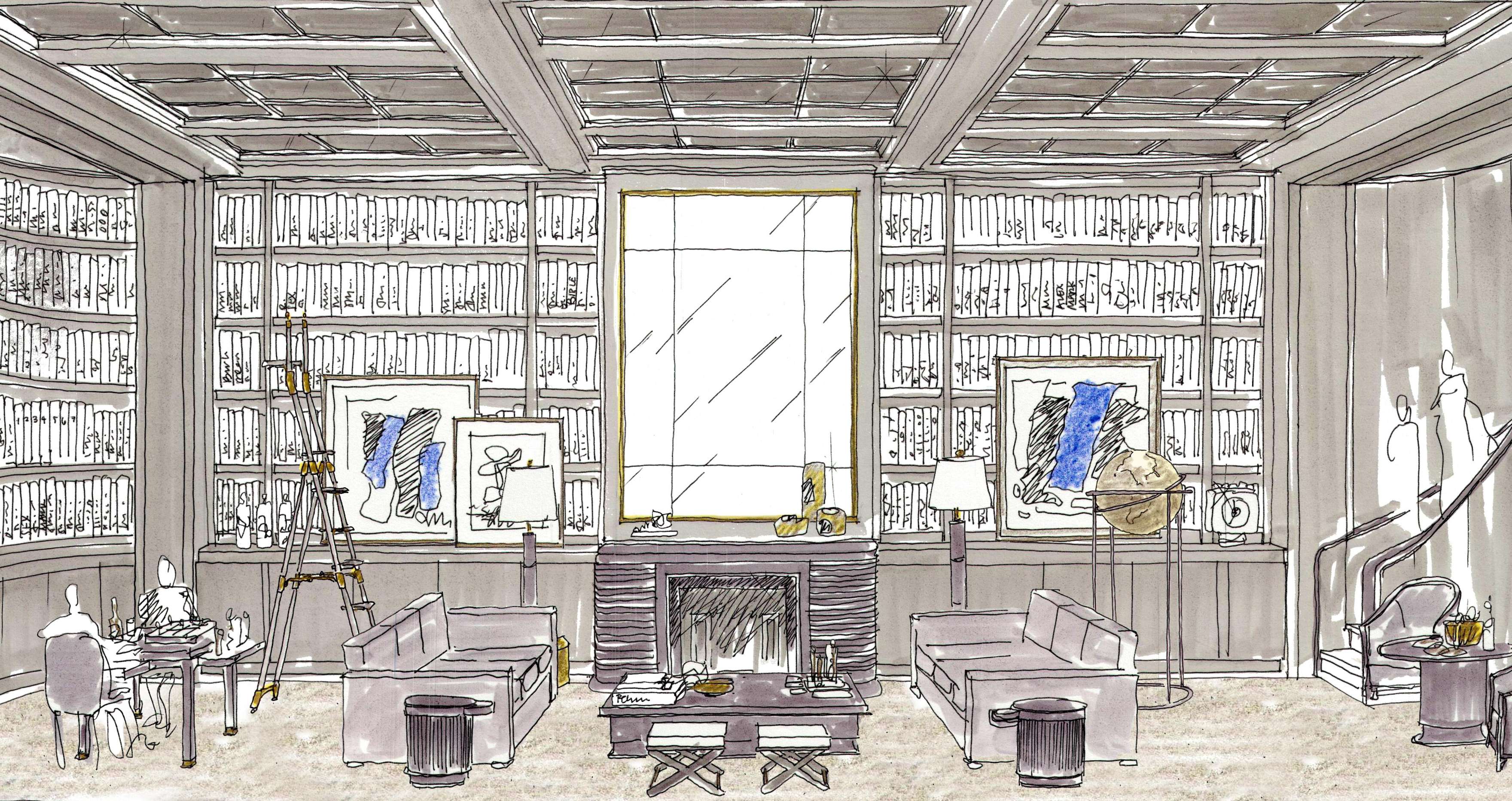 Illustration of a spacious library room with a large window, bookshelves, modern furniture, artworks, a globe, and ladder, creating an elegant and intellectual ambiance.