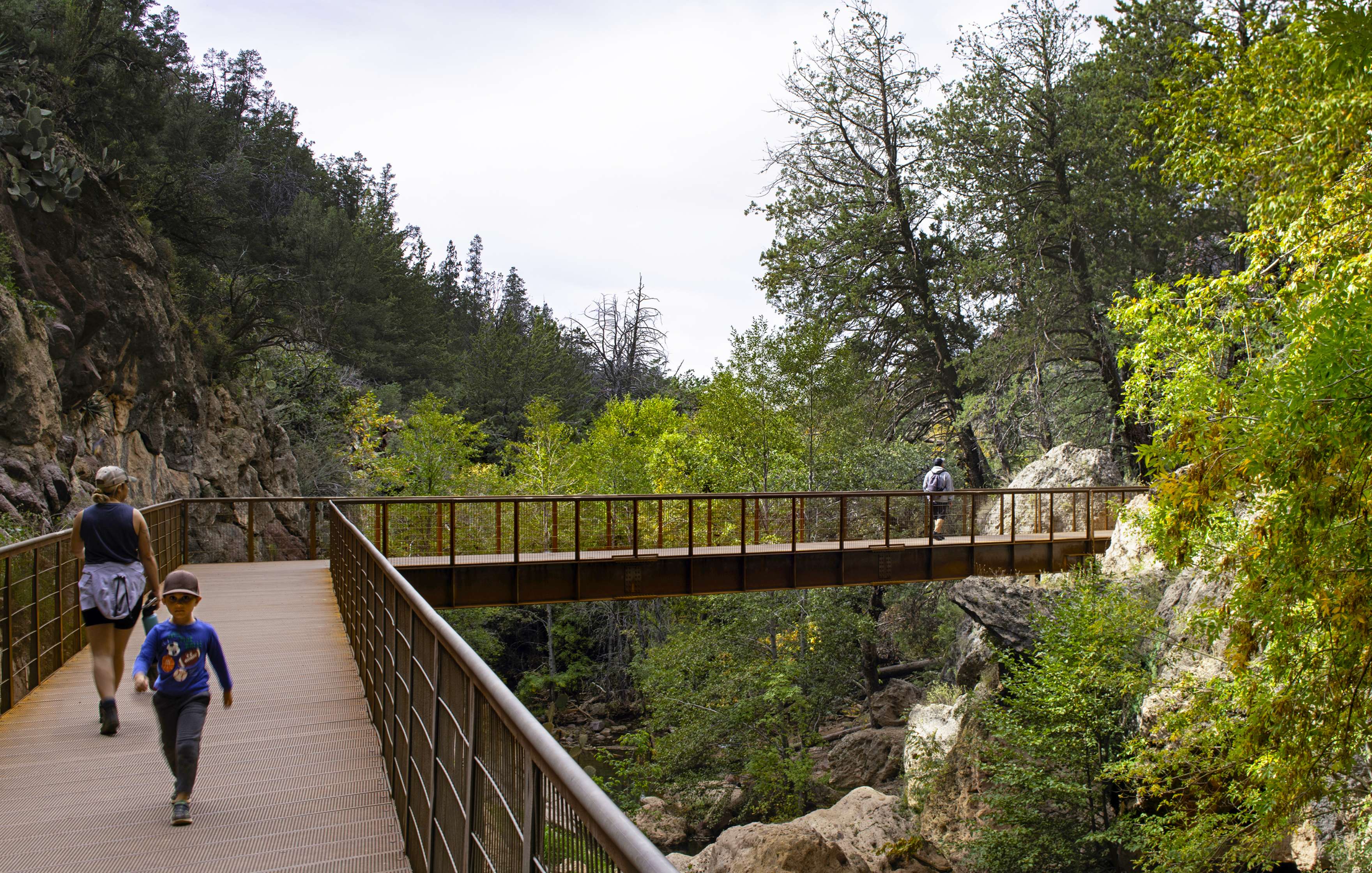 A child walks toward the camera while an adult follows on a footbridge surrounded by trees and rocky terrain. Another person is visible on a parallel footbridge in the distance.