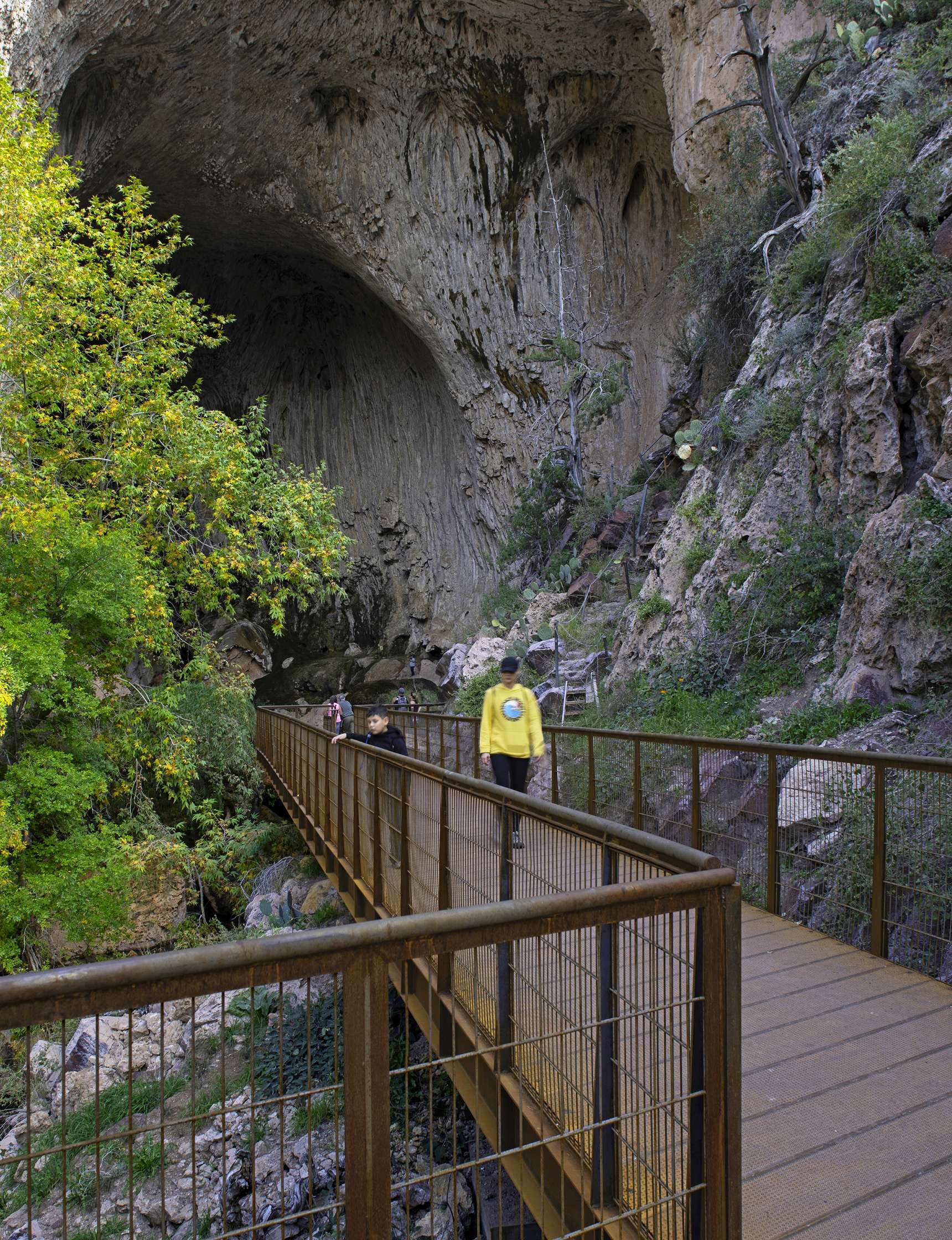 People walk along a metal bridge path leading to a large cave entrance surrounded by rocky cliffs and greenery.