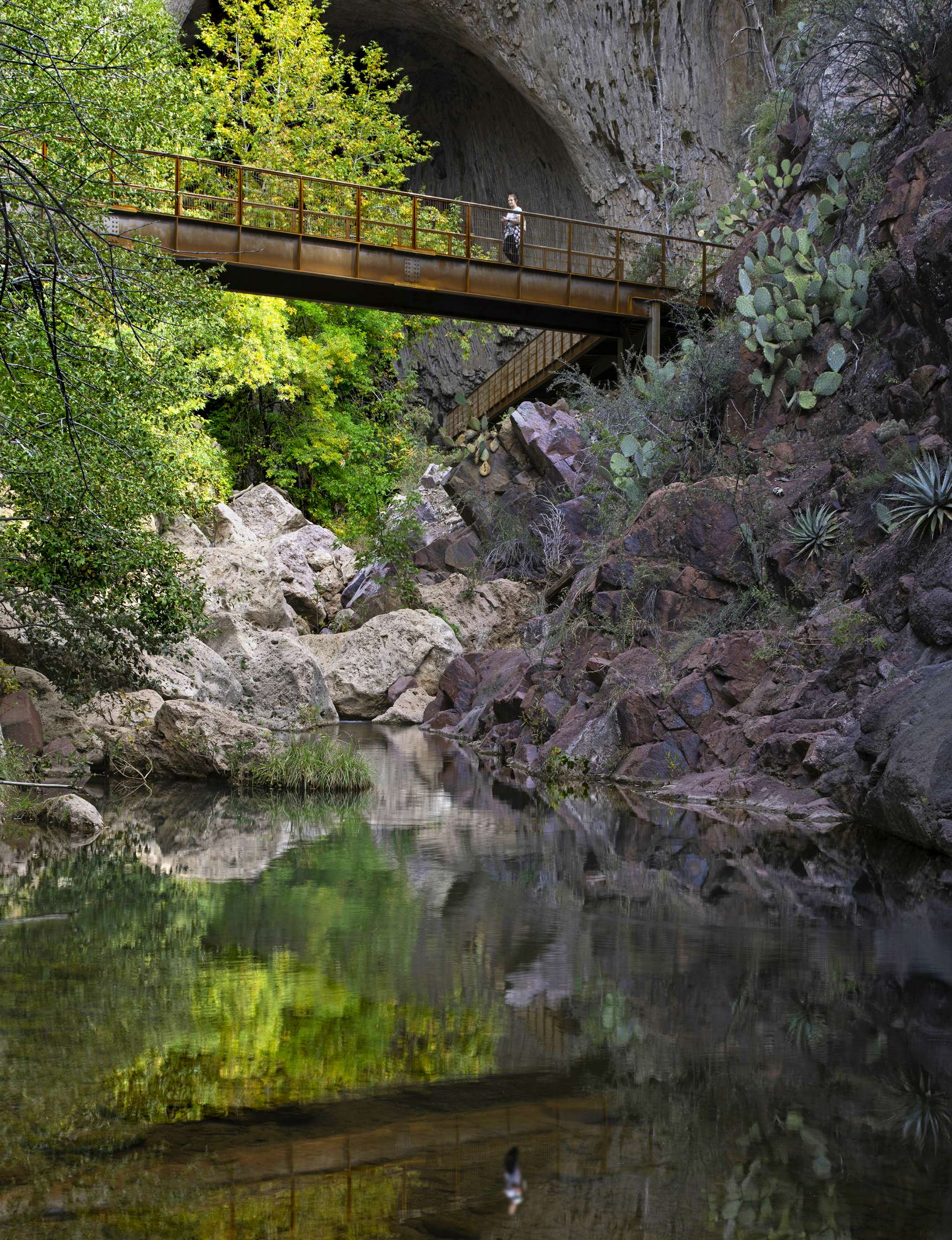 A person stands on a bridge over a rocky stream surrounded by dense greenery and a large rock formation.